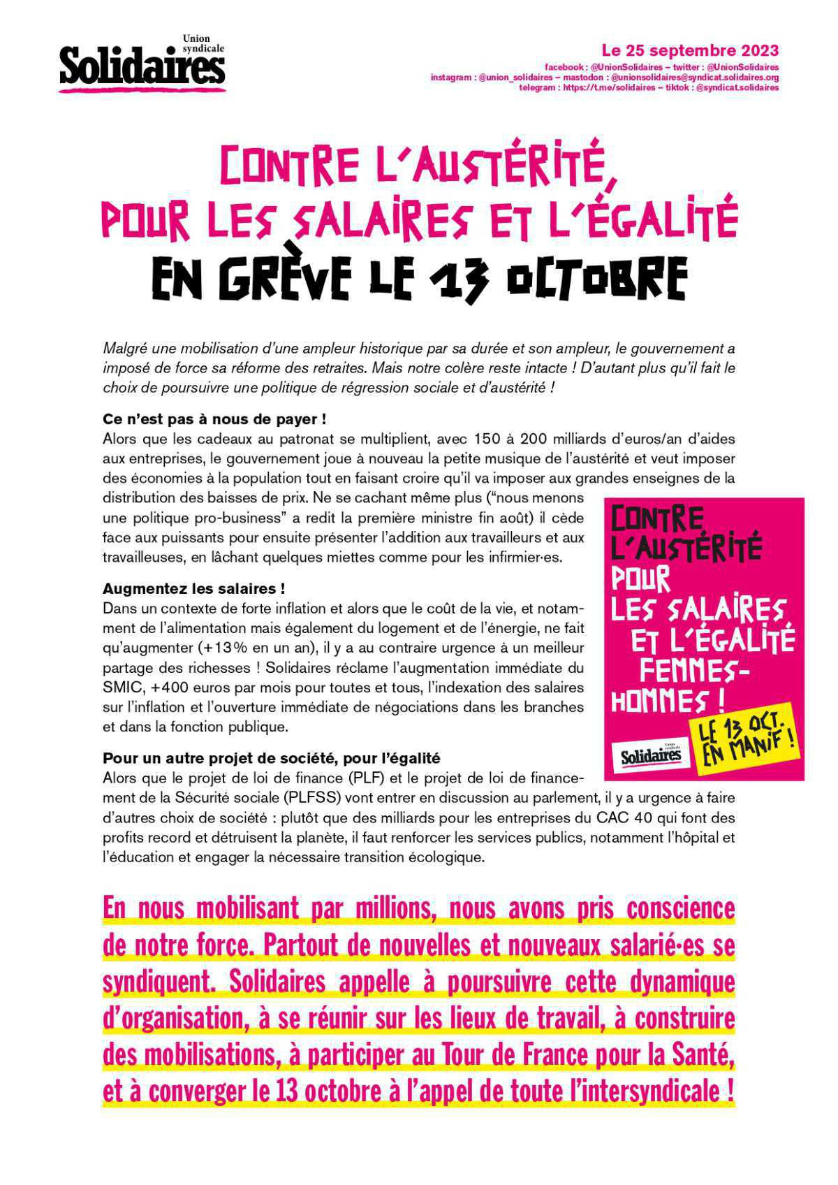 Contre l'austérité, pour les salaires et l'égalité en grève le 13 Octobre ! Contre l'austérité, pour les salaires et l'égalité en grève le 13 Octobre !