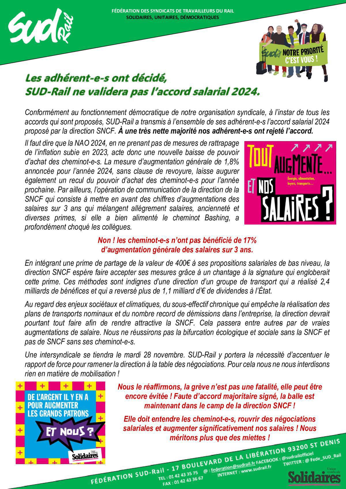 NAO - SUD-Rail ne validera pas l'accord salarial 2024 NAO - SUD-Rail ne validera pas l'accord salarial 2024