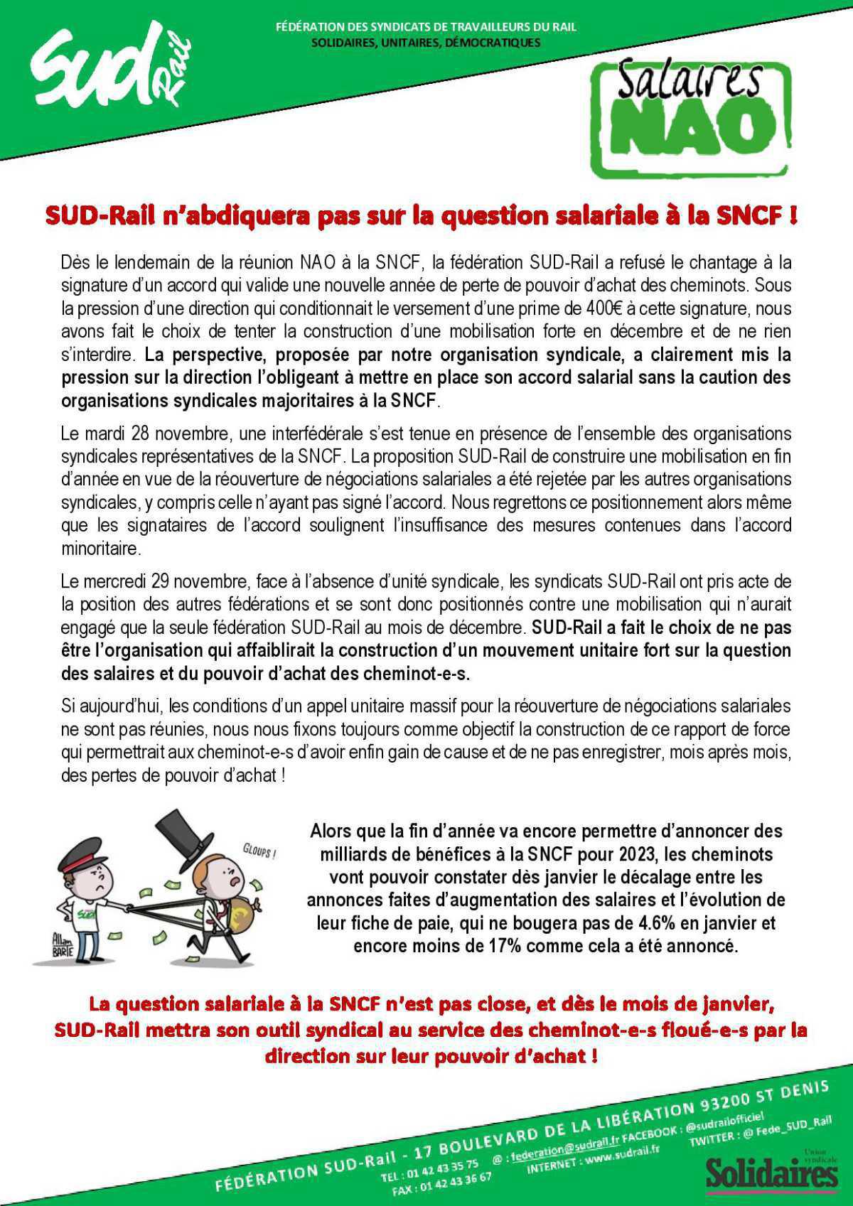 SUD-Rail n’abdiquera pas sur la question salariale à la SNCF ! SUD-Rail n’abdiquera pas sur la question salariale à la SNCF !