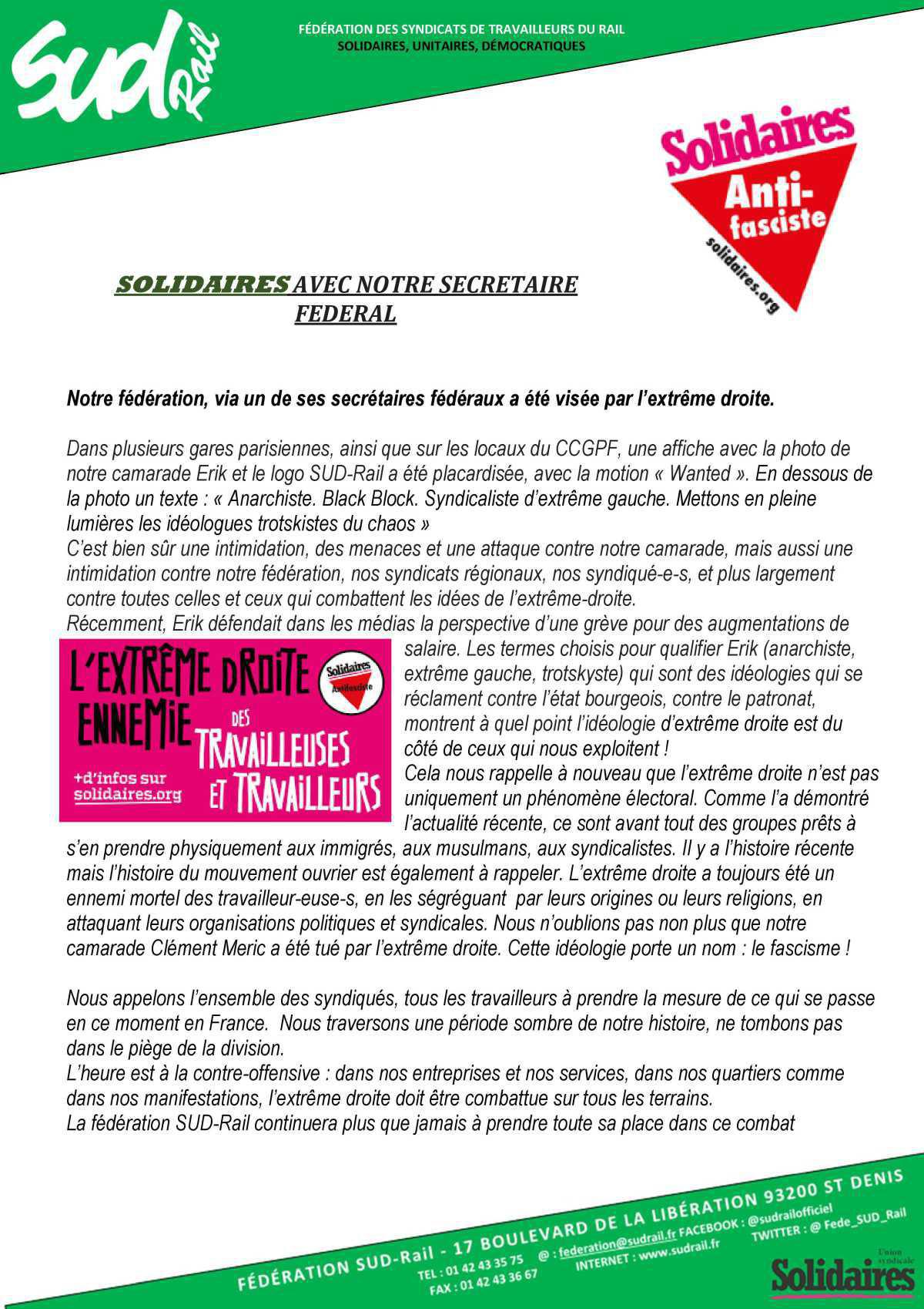 SOLIDAIRES avec notre secrétaire fédéral SOLIDAIRES avec notre secrétaire fédéral