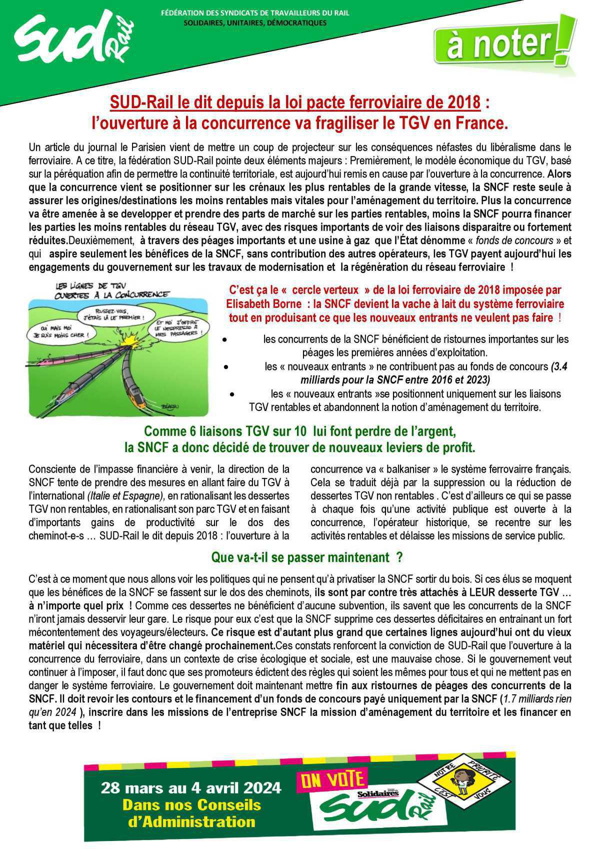 SUD-Rail le dit depuis la loi pacte ferroviaire de 2018 : l’ouverture à la concurrence va fragiliser le TGV en France. SUD-Rail le dit depuis la loi pacte ferroviaire de 2018 : l’ouverture à la concurrence va fragiliser le TGV en France.