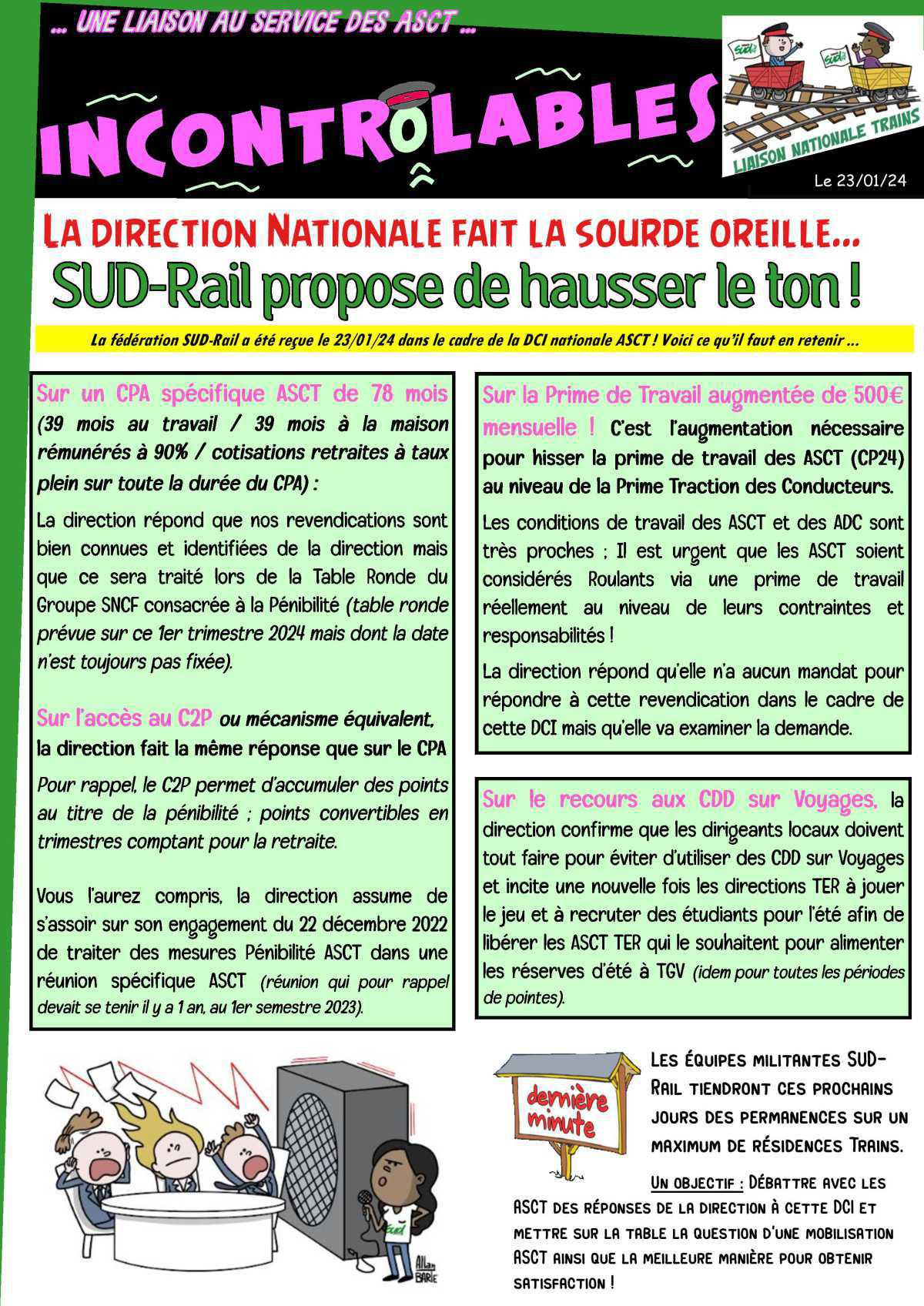 La direction Nationale fait la sourde oreille...SUD-Rail propose d'hausser le ton! La direction Nationale fait la sourde oreille...SUD-Rail propose d'hausser le ton!