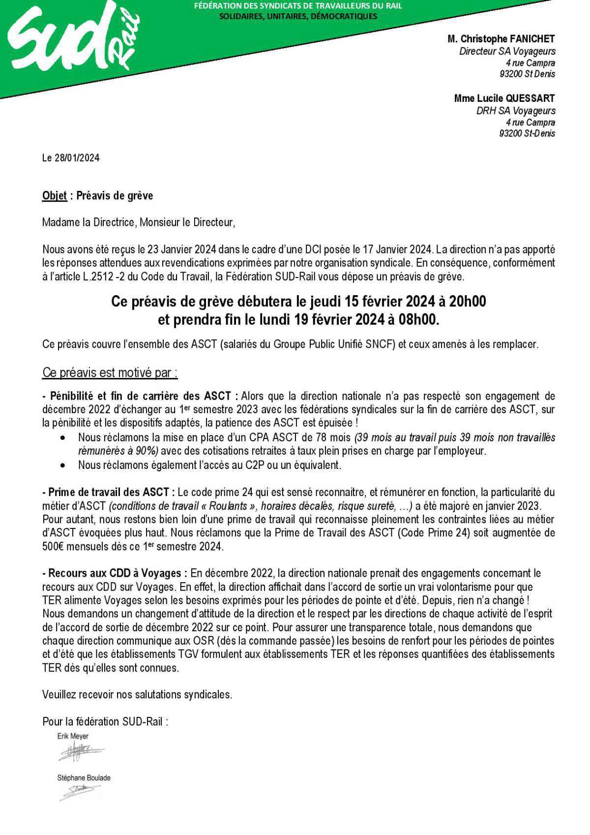 Préavis de grève national ASCT du jeudi 15 février 2024 à 20h00 et prendra fin le lundi 19 février 2024 à 08h00. Préavis de grève national ASCT du jeudi 15 février 2024 à 20h00 et prendra fin le lundi 19 février 2024 à 08h00.