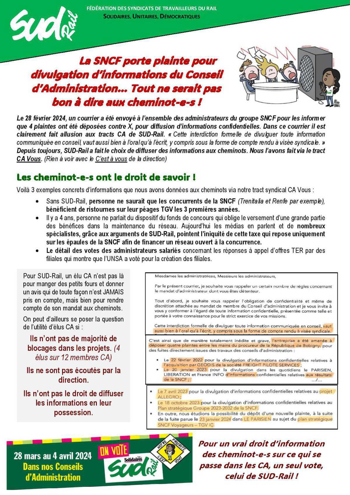 La SNCF porte plainte pour divulgation d’informations du Conseil d’Administration… Tout ne serait pas bon à dire aux cheminot-e-s ! La SNCF porte plainte pour divulgation d’informations du Conseil d’Administration… Tout ne serait pas bon à dire aux cheminot-e-s !