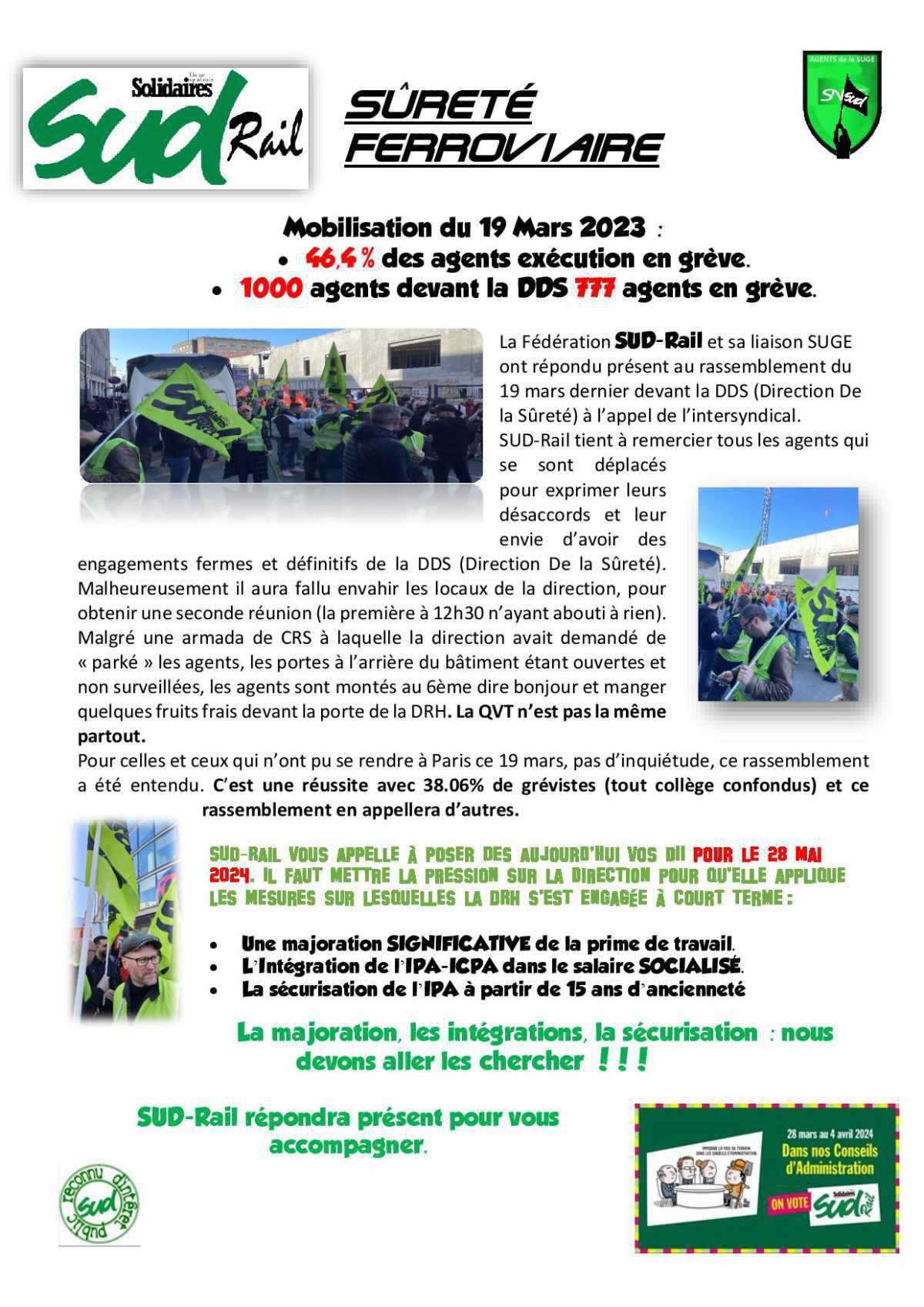 Sûreté Ferroviaire:Mobilisation du 19 Mars 2023 : • 46,4% des agents exécution en grève. • 1000 agents devant la DDS 777 agents en grève. ! Sûreté Ferroviaire:Mobilisation du 19 Mars 2023 : • 46,4% des agents exécution en grève. • 1000 agents devant la DDS 777 agents en grève. !