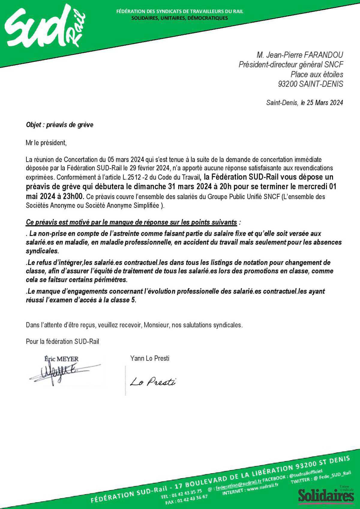 Préavis du dimanche 31 mars 2024 à 20h au mercredi 01 mai 2024 à 23h00. Préavis du dimanche 31 mars 2024 à 20h au mercredi 01 mai 2024 à 23h00.