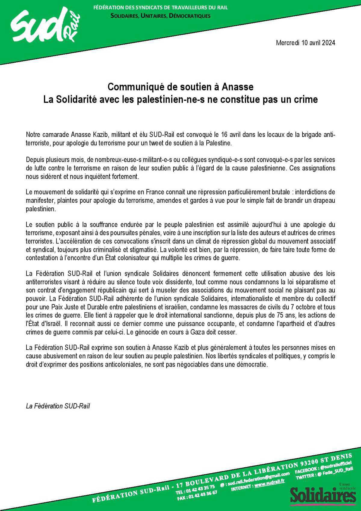 Communiqué de soutien à Anasse La Solidarité avec les palestinien-ne-s ne constitue pas un crime Communiqué de soutien à Anasse La Solidarité avec les palestinien-ne-s ne constitue pas un crime