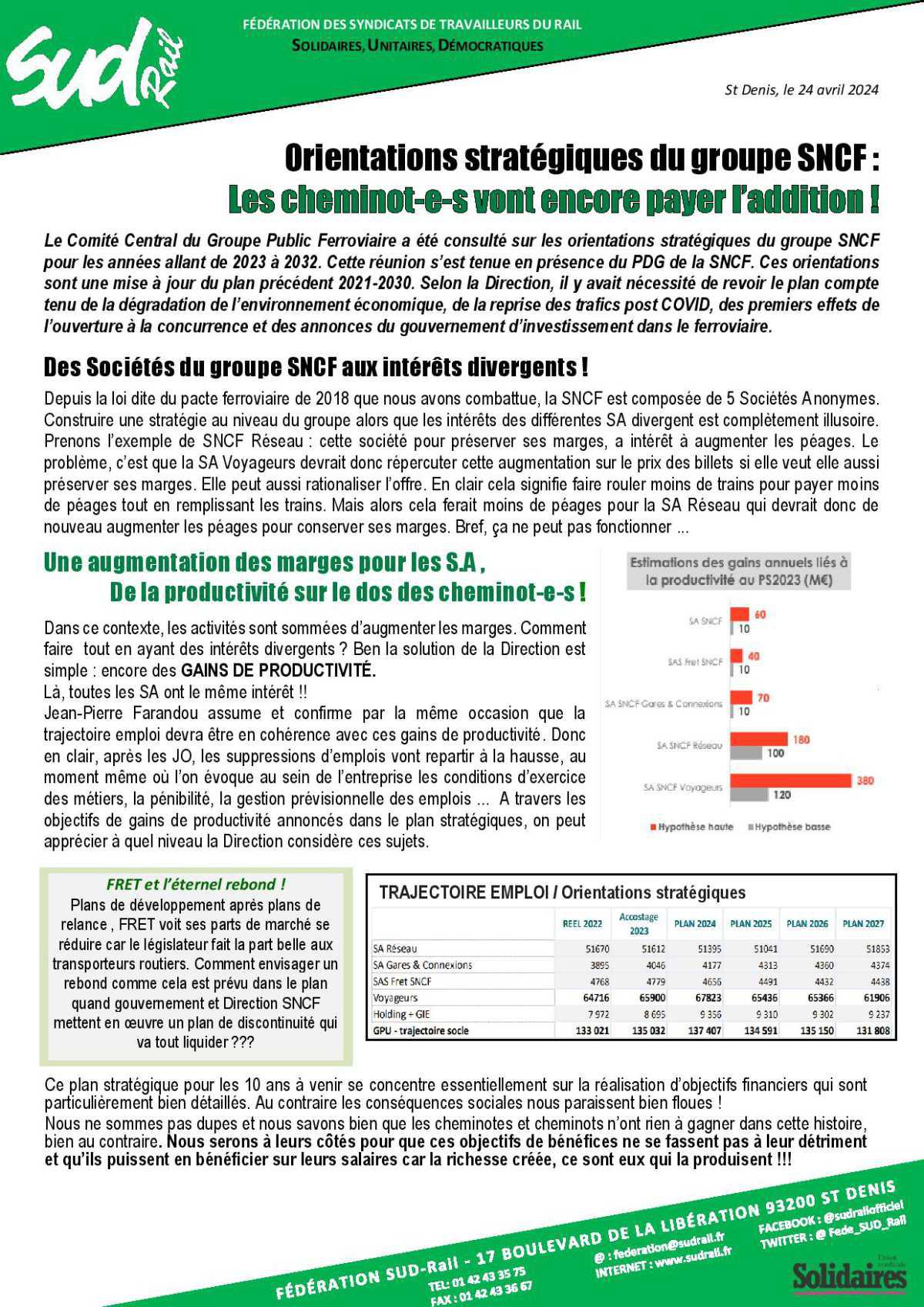 Orientations stratégiques du groupe SNCF :Les cheminot.es vont encore payer l'addition!