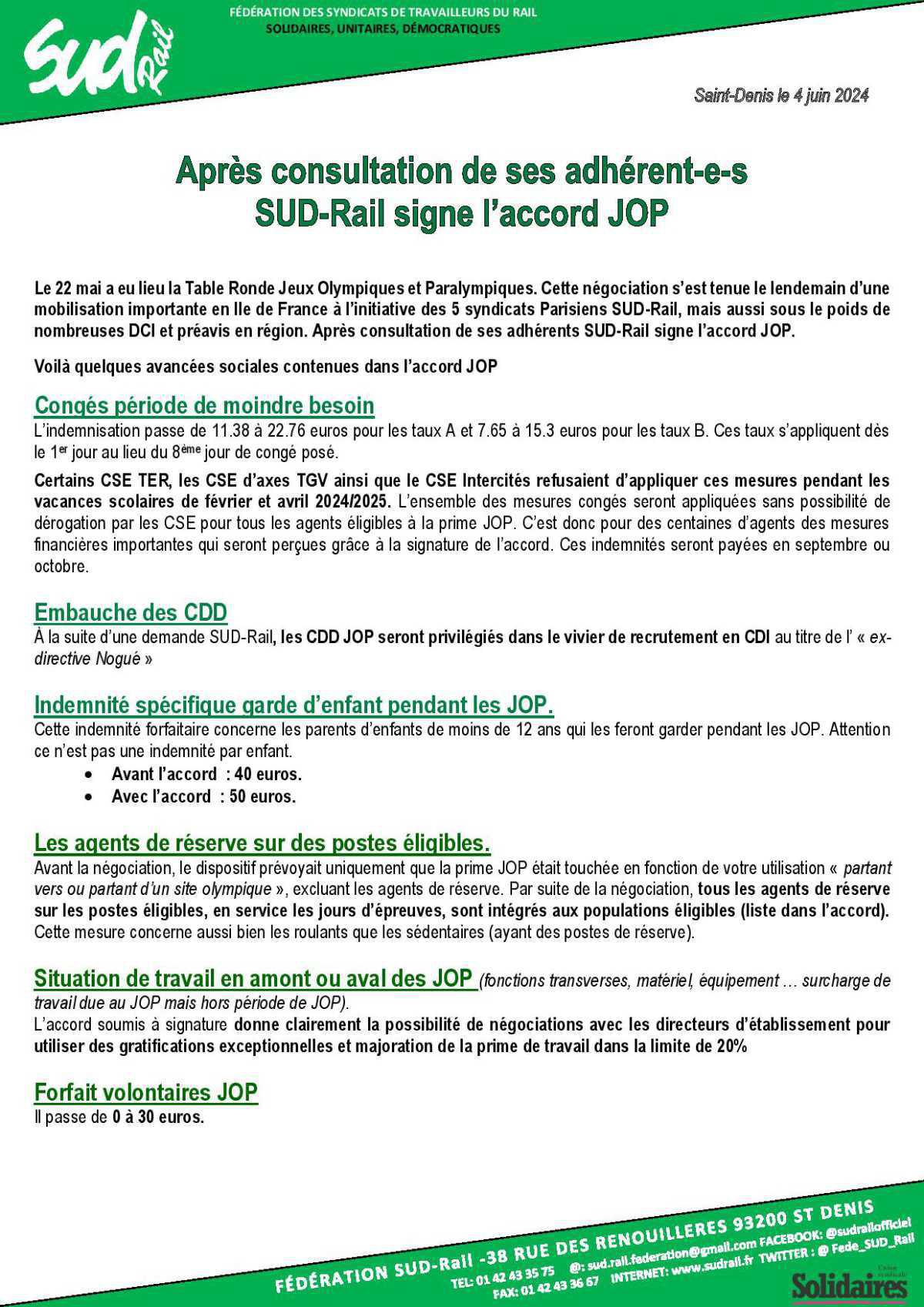 Après consultation de ses adhérents SUD-Rail signe l’accord JOP. Après consultation de ses adhérents SUD-Rail signe l’accord JOP.
