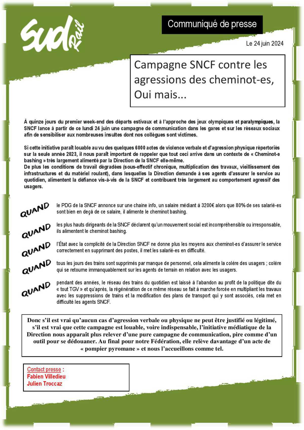 Communiqué de presse:Campagne SNCF contre les agressions des cheminot-es, Oui mais...