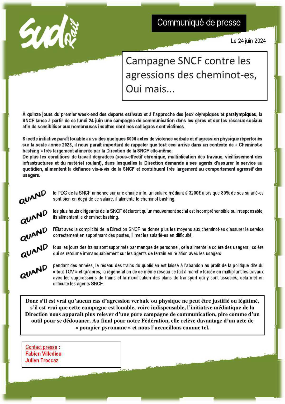 Communiqué de presse:Campagne SNCF contre les agressions des cheminot-es, Oui mais... Communiqué de presse:Campagne SNCF contre les agressions des cheminot-es, Oui mais...
