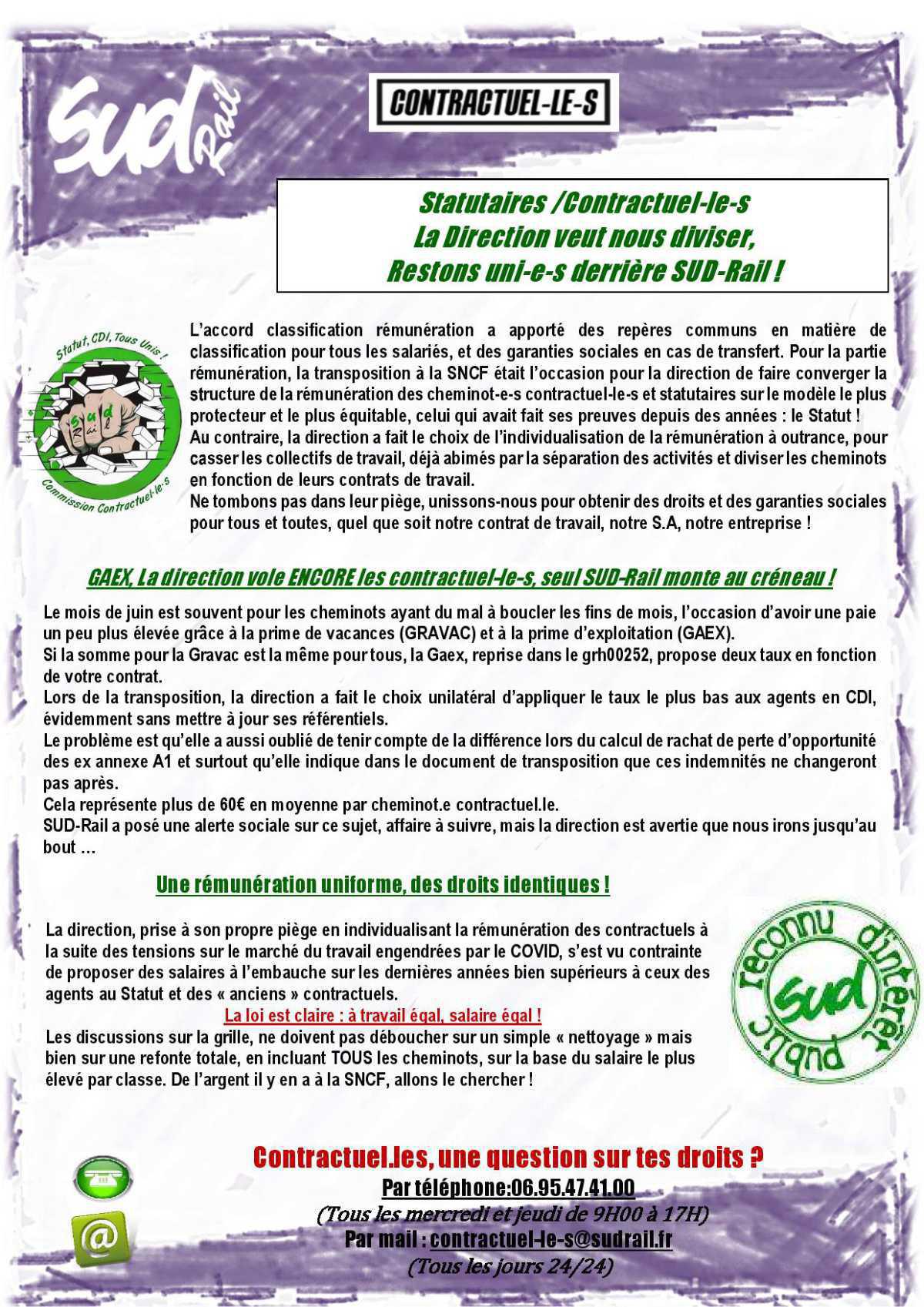 Statutaires /Contractuel-le-s La Direction veut nous diviser, Restons uni-e-s derrière SUD-Rail ! Statutaires /Contractuel-le-s La Direction veut nous diviser, Restons uni-e-s derrière SUD-Rail !