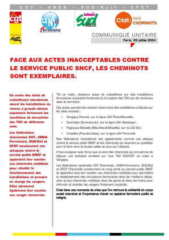Face aux actes inacceptables contre le service public ferroviaire, les cheminot.es sont exemplaires Face aux actes inacceptables contre le service public ferroviaire, les cheminot.es sont exemplaires