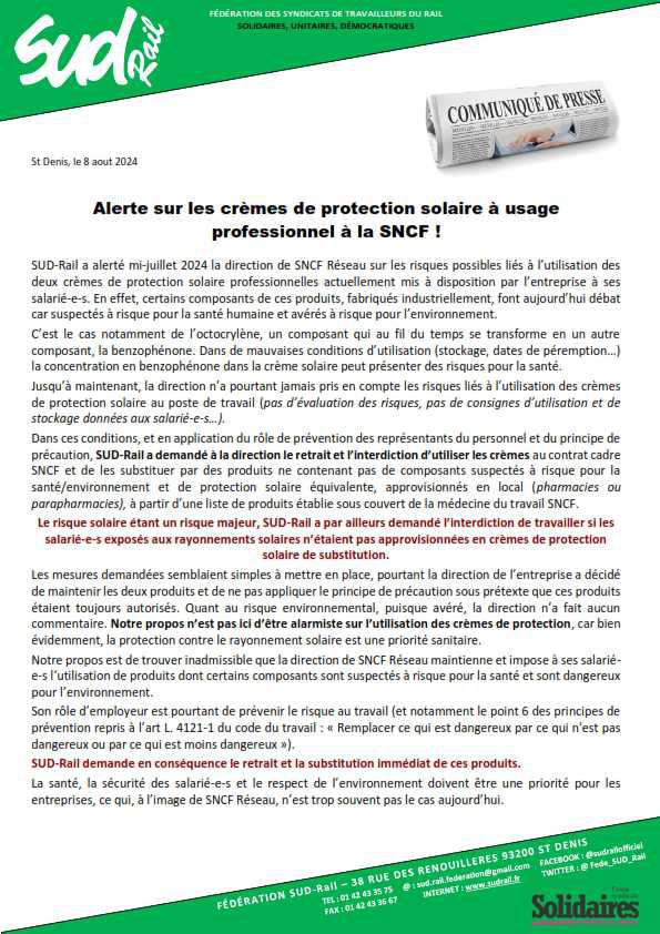 Alerte sur les crèmes de protection solaire à usage professionnel à la SNCF !