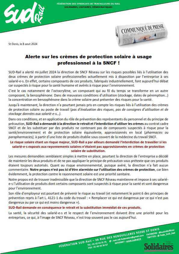 Alerte sur les crèmes de protection solaire à usage professionnel à la SNCF ! Alerte sur les crèmes de protection solaire à usage professionnel à la SNCF !