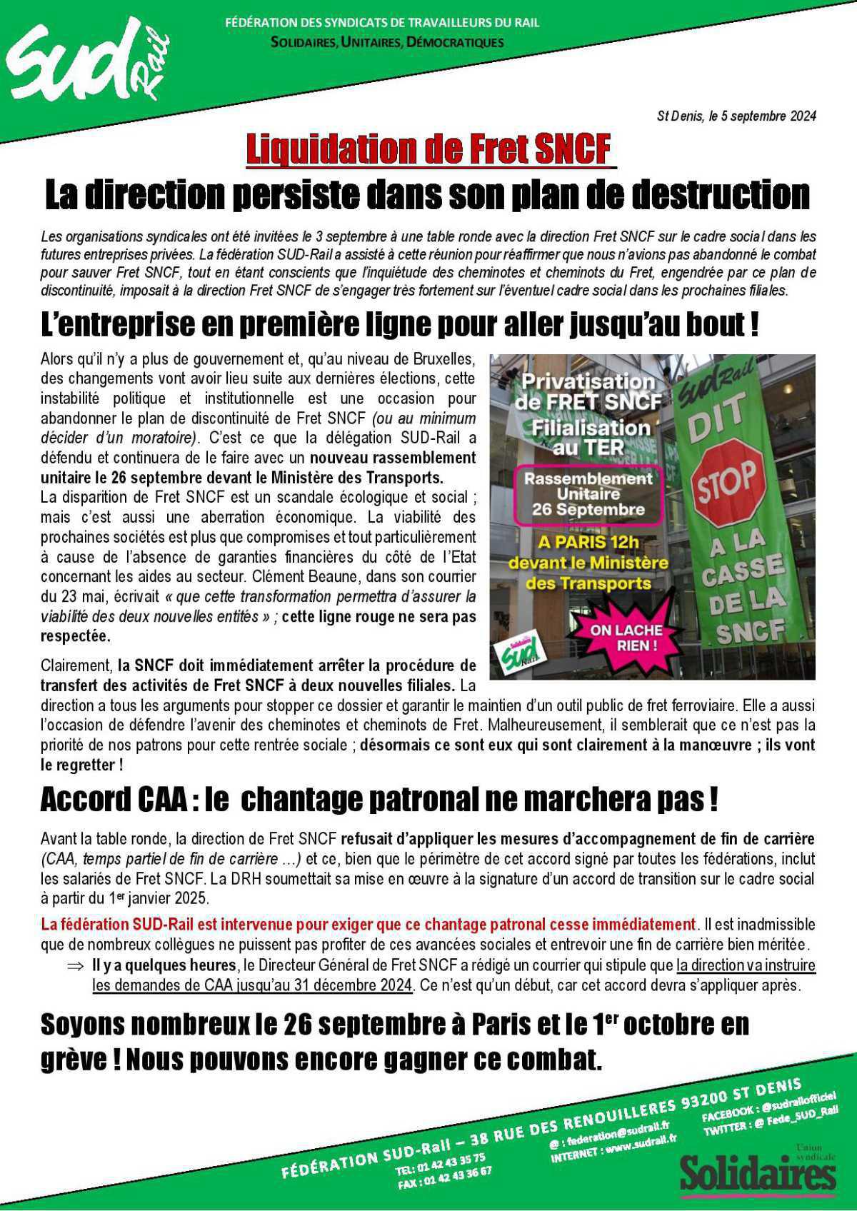 Liquidation de FRET SNCF: la direction persiste dans sa volonté de destruction Liquidation de FRET SNCF: la direction persiste dans sa volonté de destruction