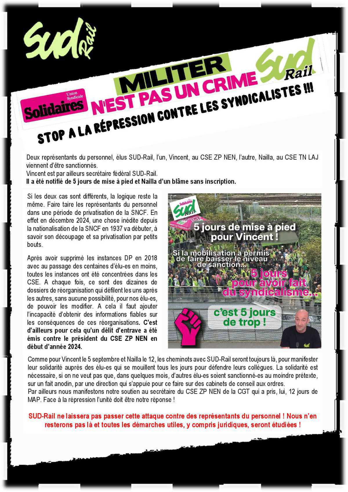 Militer n'est pas un crime, STOP à la répression contre les syndicalistes!