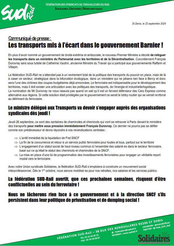  Communiqué de presse : Les transports mis à l’écart dans le gouvernement Barnier !