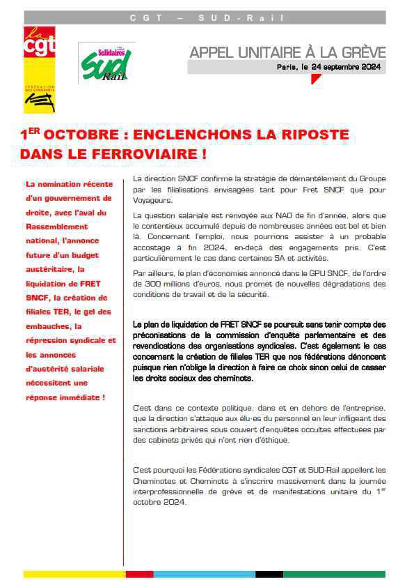 1ER OCTOBRE : ENCLENCHONS LA RIPOSTE DANS LE FERROVIAIRE ! 1ER OCTOBRE : ENCLENCHONS LA RIPOSTE DANS LE FERROVIAIRE !