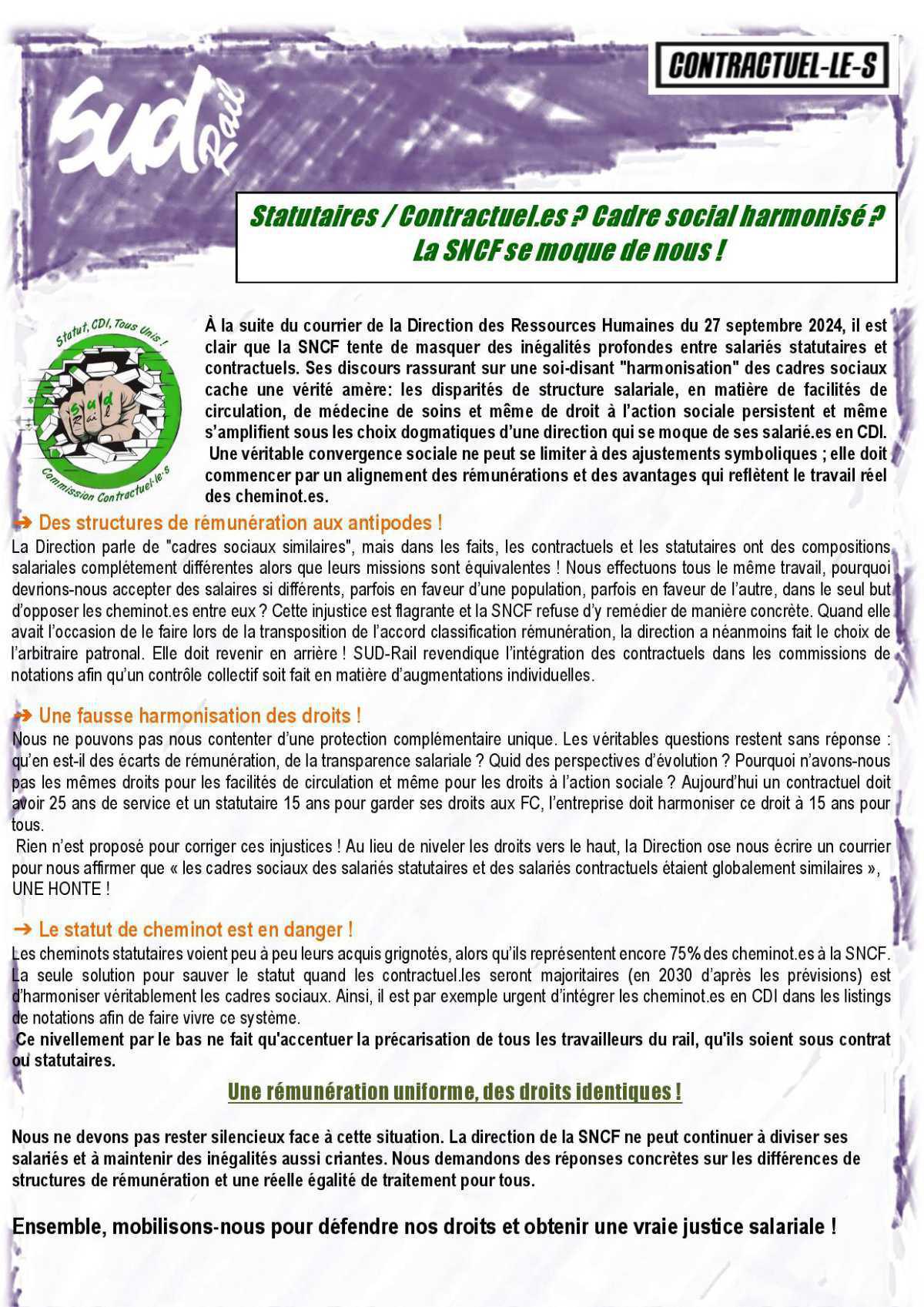 Statutaires / Contractuel.es ? Cadre social harmonisé ? La SNCF se moque de nous ! Statutaires / Contractuel.es ? Cadre social harmonisé ? La SNCF se moque de nous !