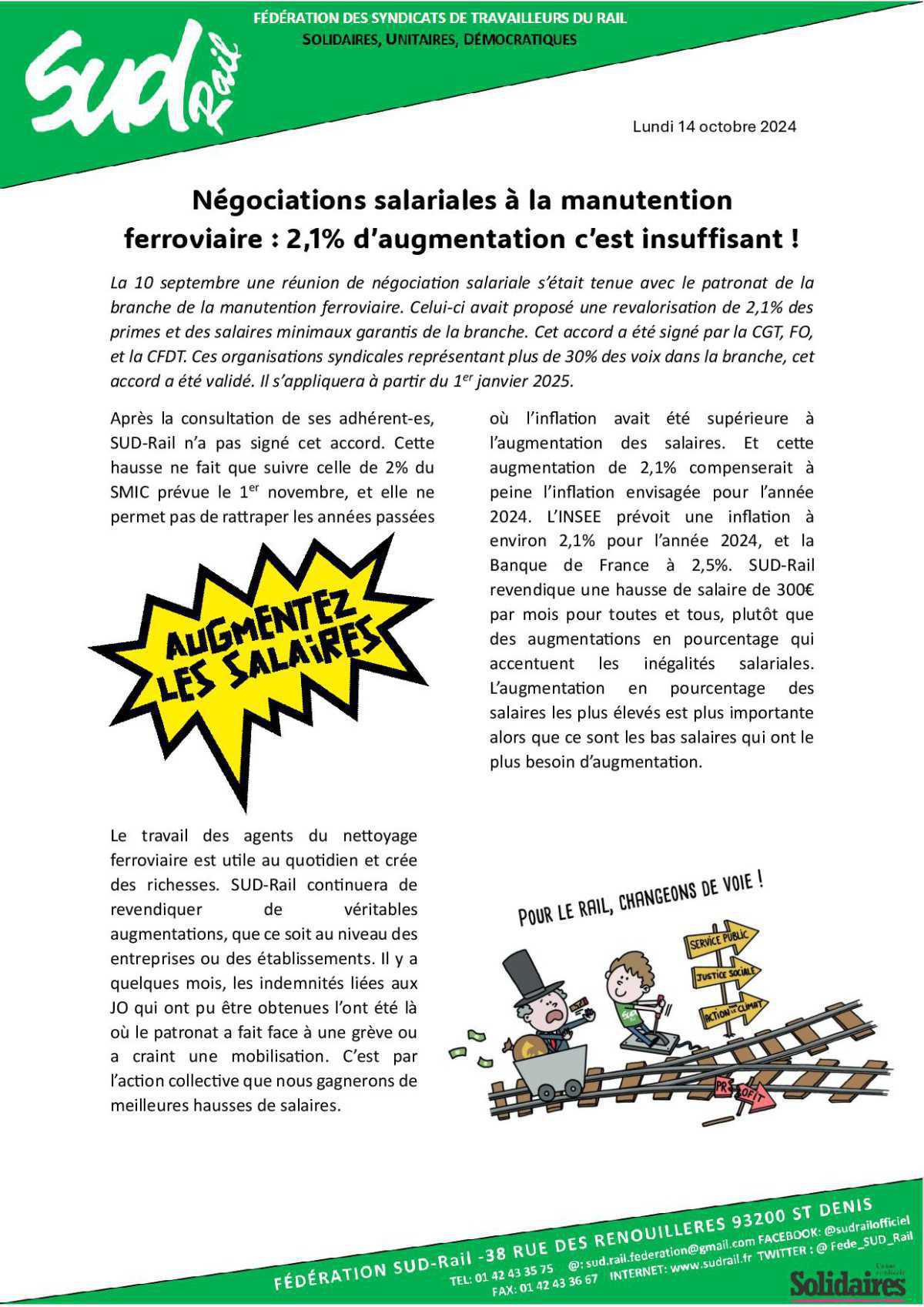 Négociations salariales à la manutention ferroviaire : 2,1% d’augmentation c’est insuffisant ! Négociations salariales à la manutention ferroviaire : 2,1% d’augmentation c’est insuffisant !