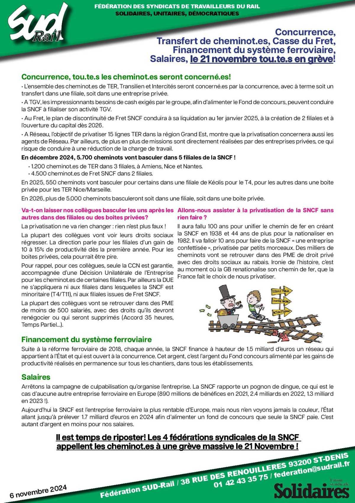 Concurrence, Transfert de cheminot.es, Casse du Fret, Financement du système ferroviaire, Salaires, le 21 novembre tou.te.s en grève!