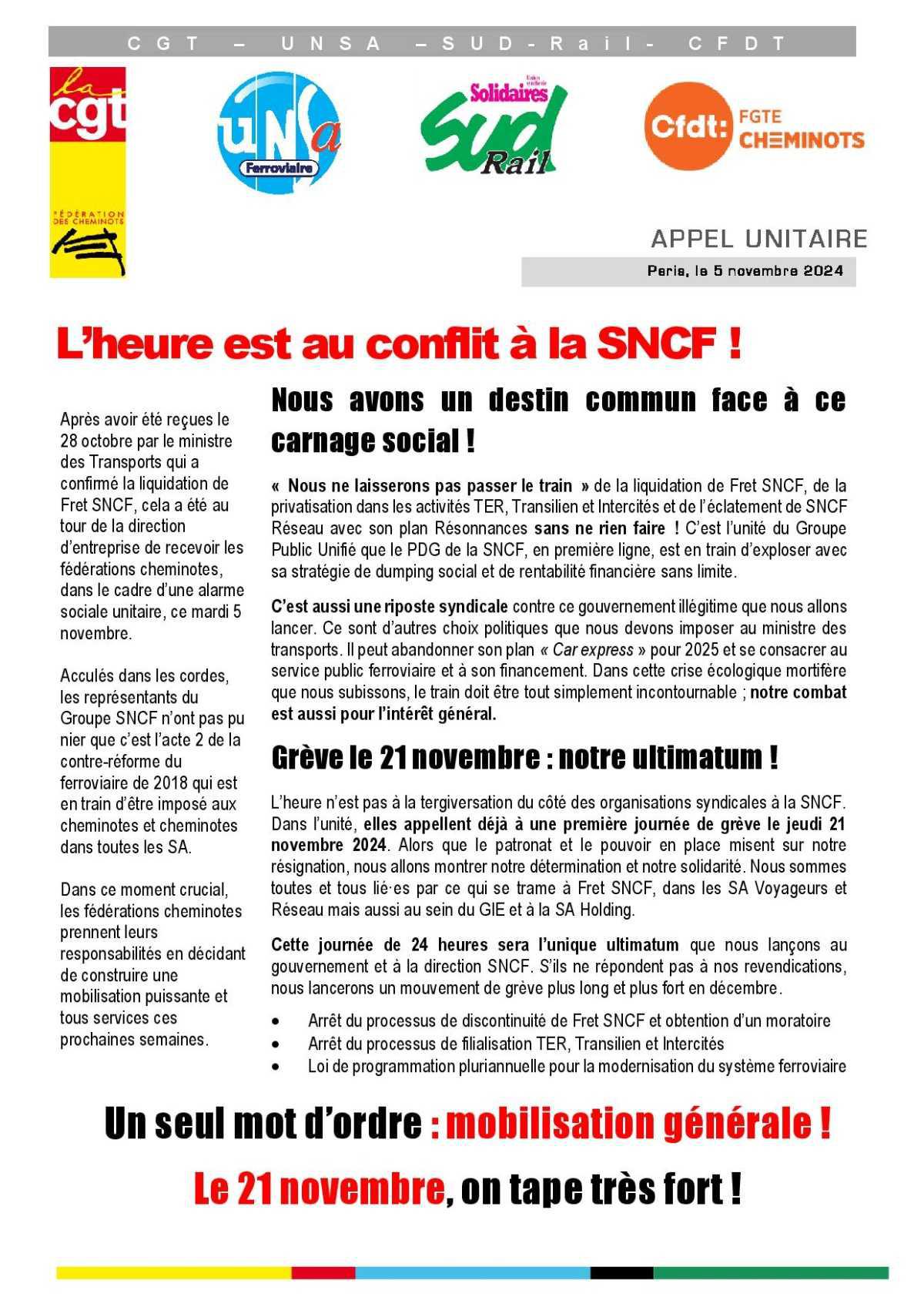 Concurrence, Transfert de cheminot.es, Casse du Fret, Financement du système ferroviaire, Salaires, le 21 novembre tou.te.s en grève!