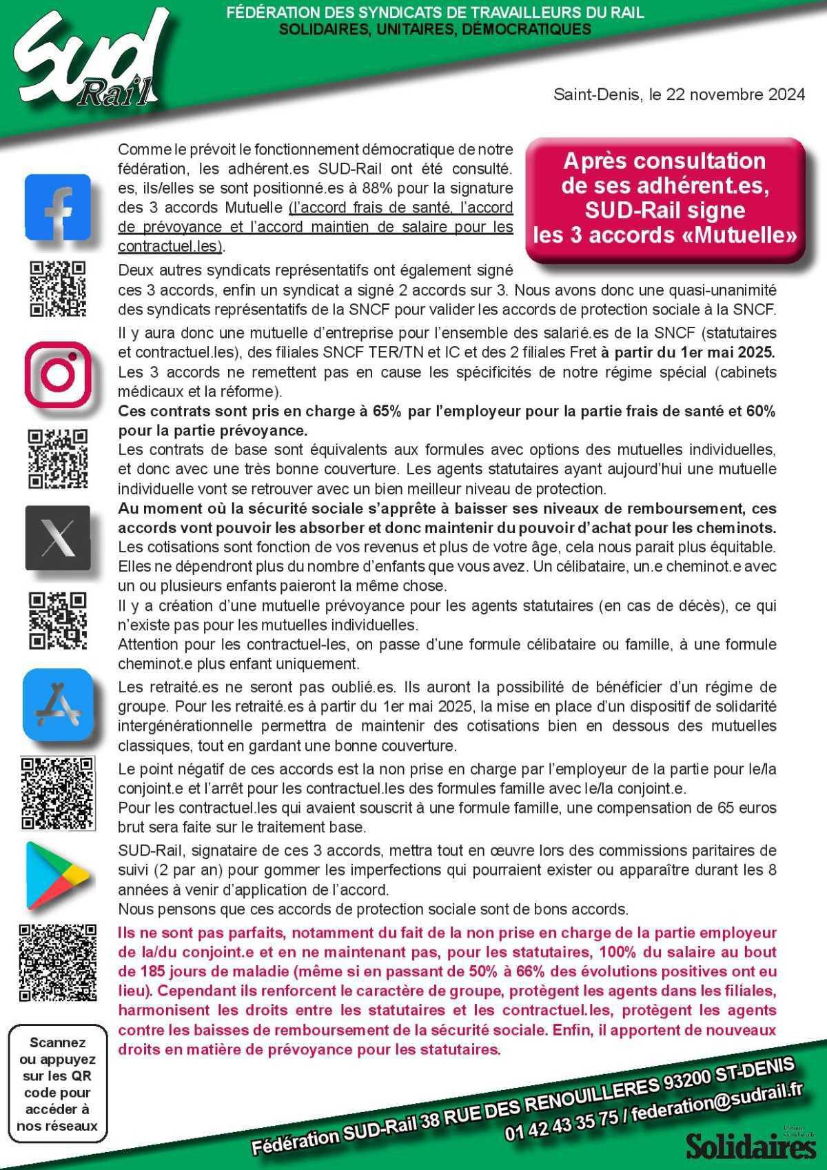 Après consultation de ses adhérent.es, SUD-Rail signe les 3 accords «Mutuelle» Après consultation de ses adhérent.es, SUD-Rail signe les 3 accords «Mutuelle»