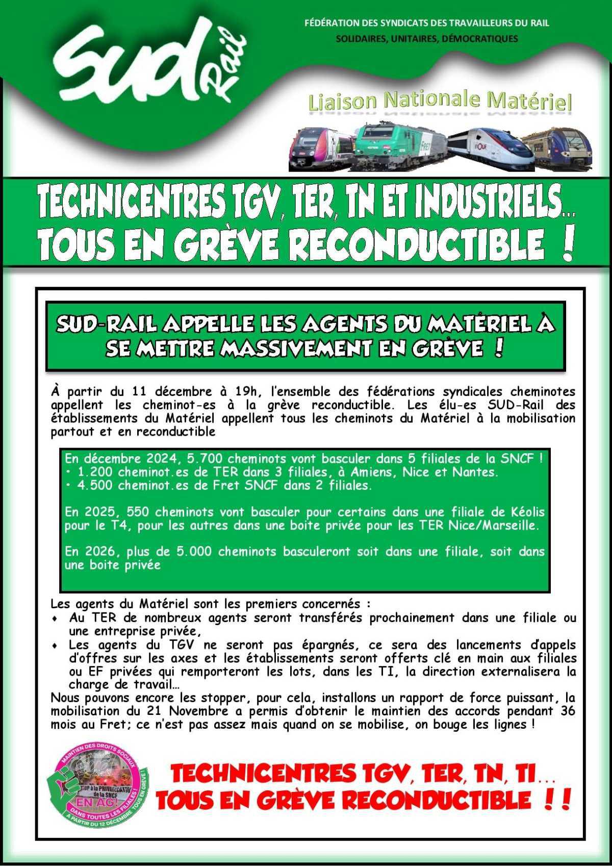 TECHNICENTRES TGV, TER, TN, TI… TOUS EN GRÈVE RECONDUCTIBLE !!