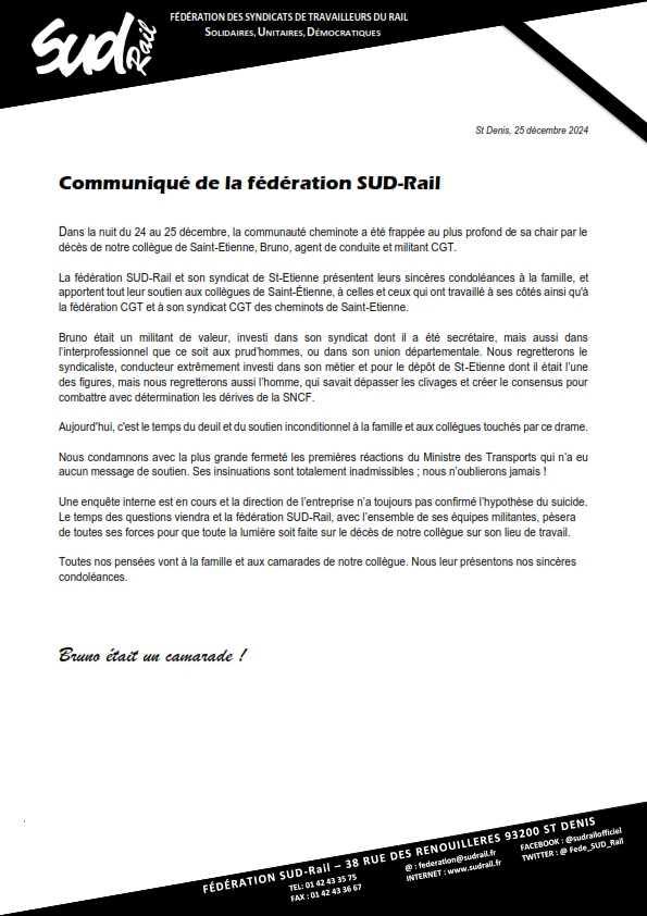 Communiqué de la fédération SUD-Rail