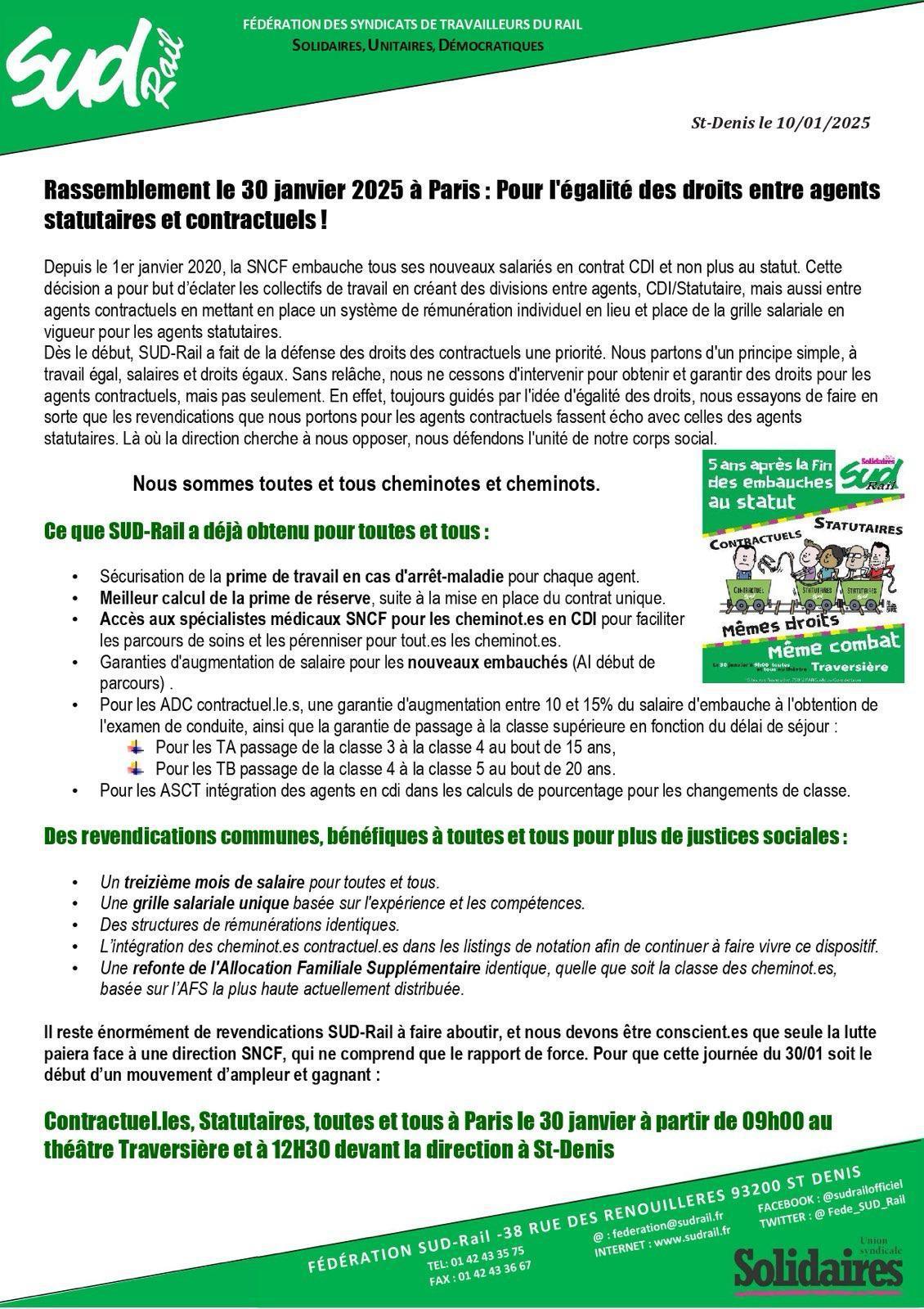 Rassemblement le 30 janvier 2025 à Paris : Pour l'égalité des droits entre agents statutaires et contractuels !