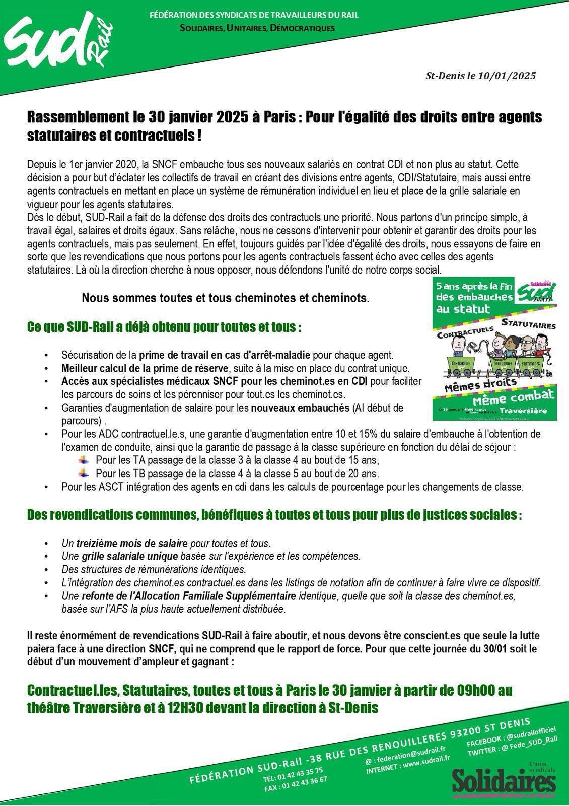 Rassemblement le 30 janvier 2025 à Paris : Pour l'égalité des droits entre agents statutaires et contractuels ! Rassemblement le 30 janvier 2025 à Paris : Pour l'égalité des droits entre agents statutaires et contractuels !