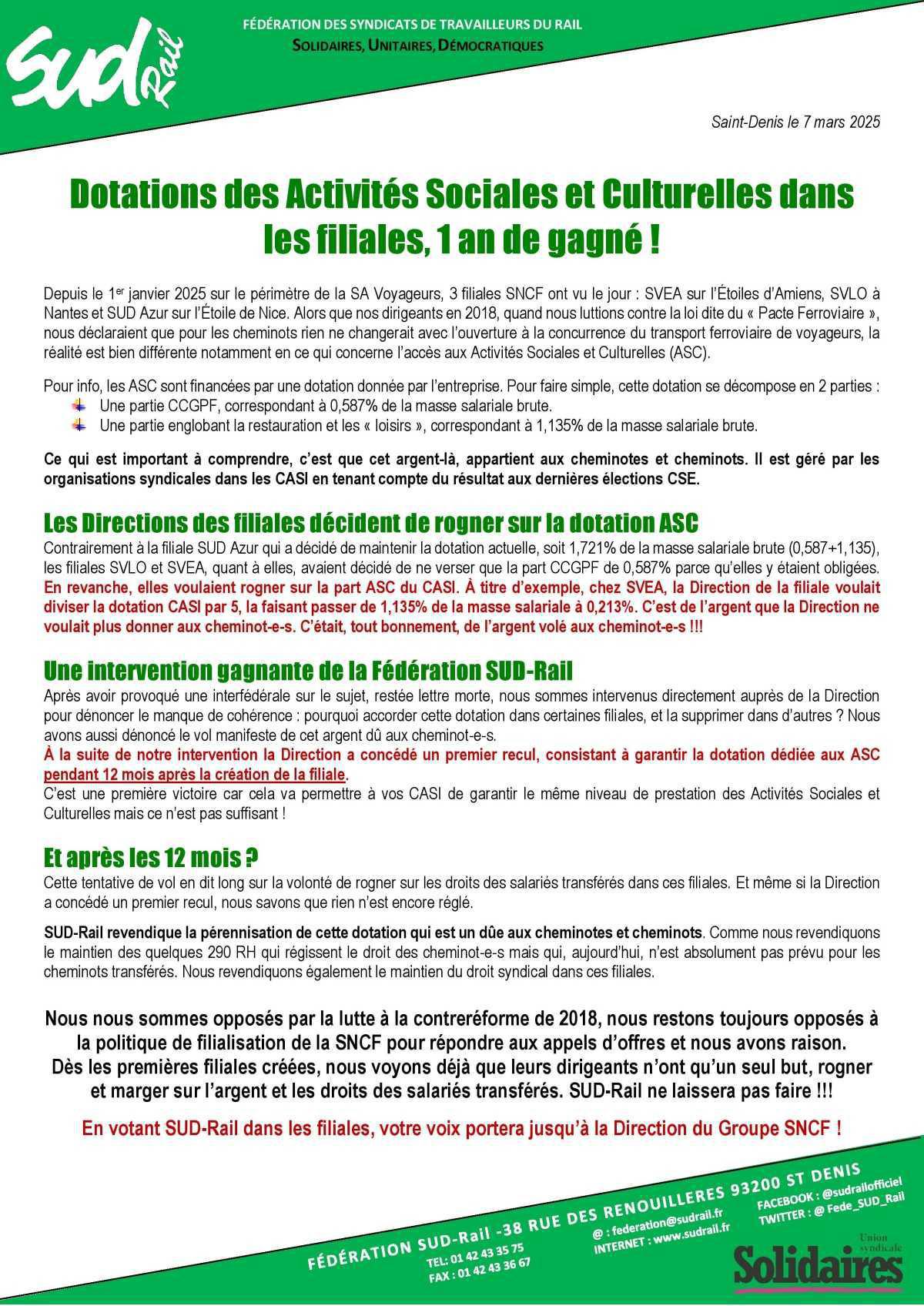 Dotations des Activités Sociales et Culturelles dans les filiales, 1 an de gagné ! Dotations des Activités Sociales et Culturelles dans les filiales, 1 an de gagné !