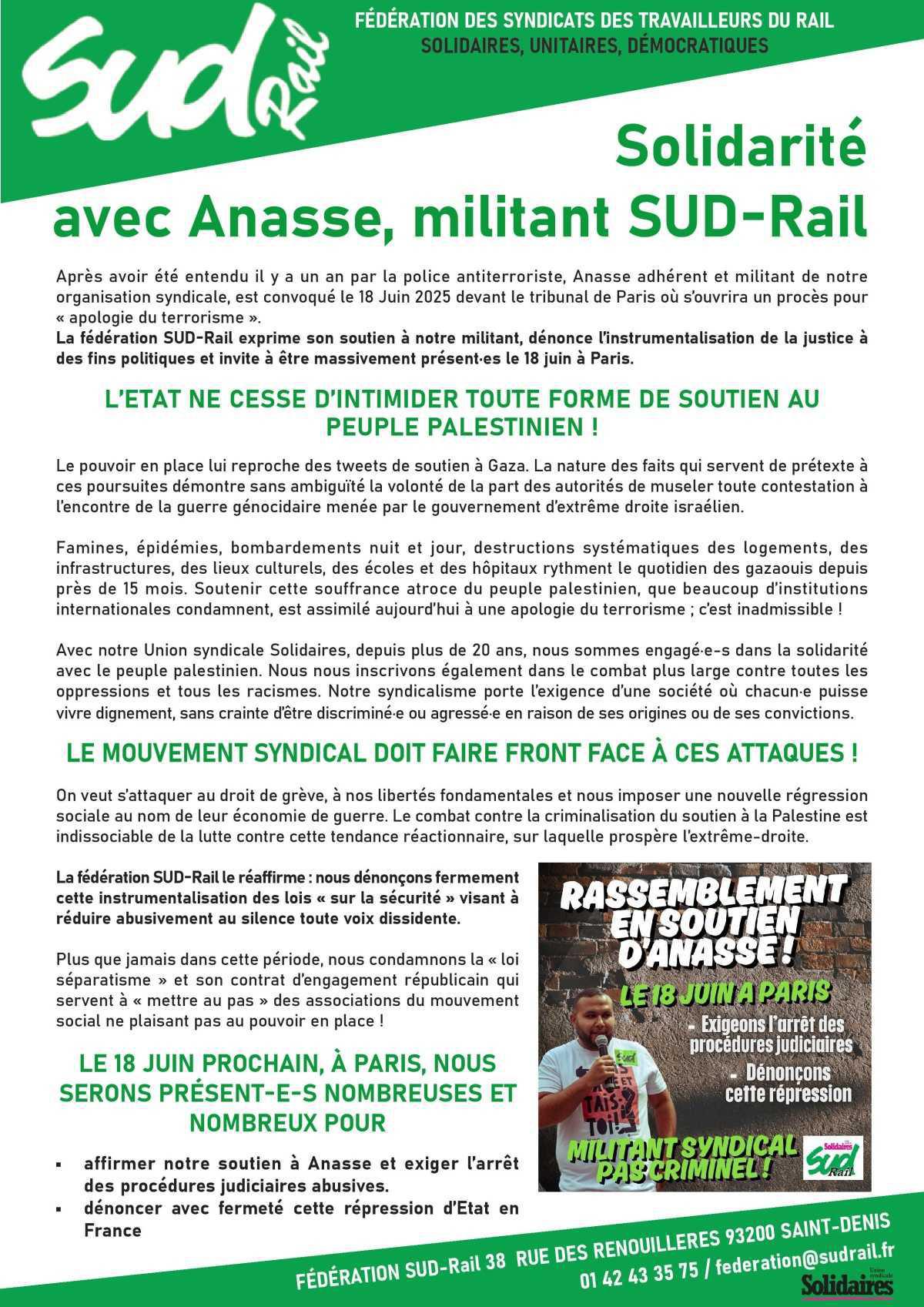Solidarité avec Anasse, militant SUD-Rail