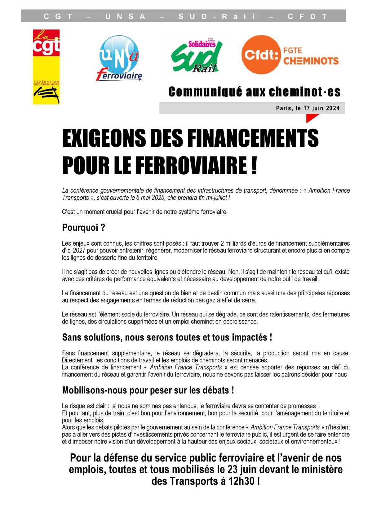 EXIGEONS DES FINANCEMENTS POUR LE FERROVIAIRE !