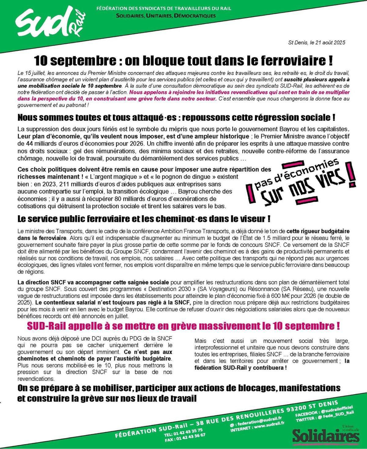 10 septembre : on bloque tout dans le ferroviaire ! 10 septembre : on bloque tout dans le ferroviaire !