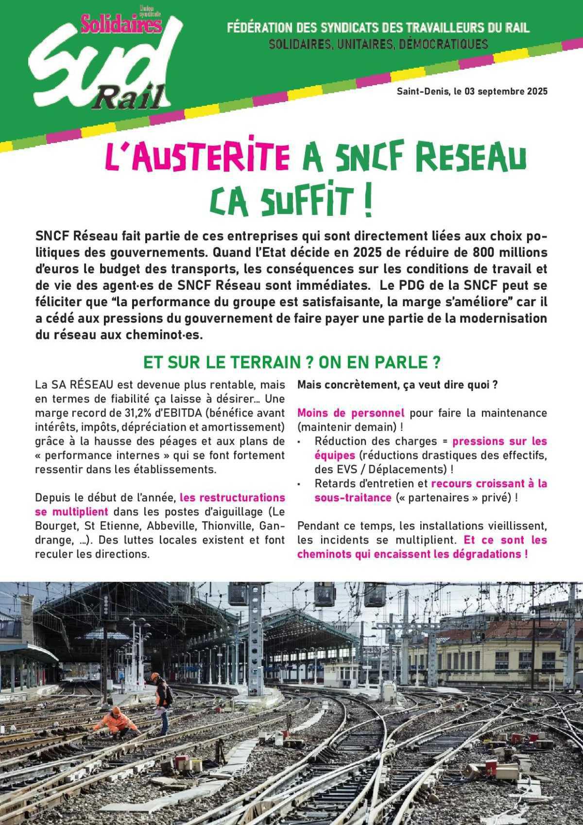 L’AUSTERITE A SNCF RESEAU CA SUFFIT ! L’AUSTERITE A SNCF RESEAU CA SUFFIT !