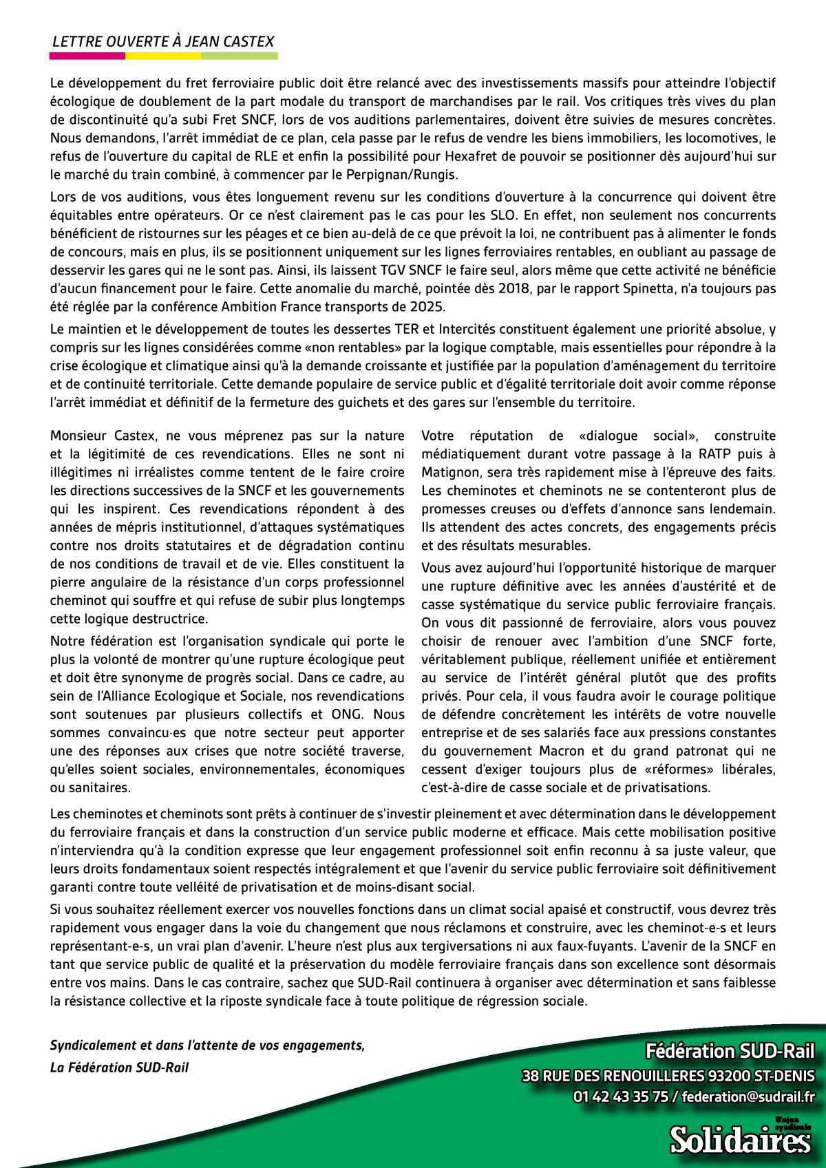 LETTRE OUVERTE Adressée à Jean Castex LETTRE OUVERTE Adressée à Jean Castex