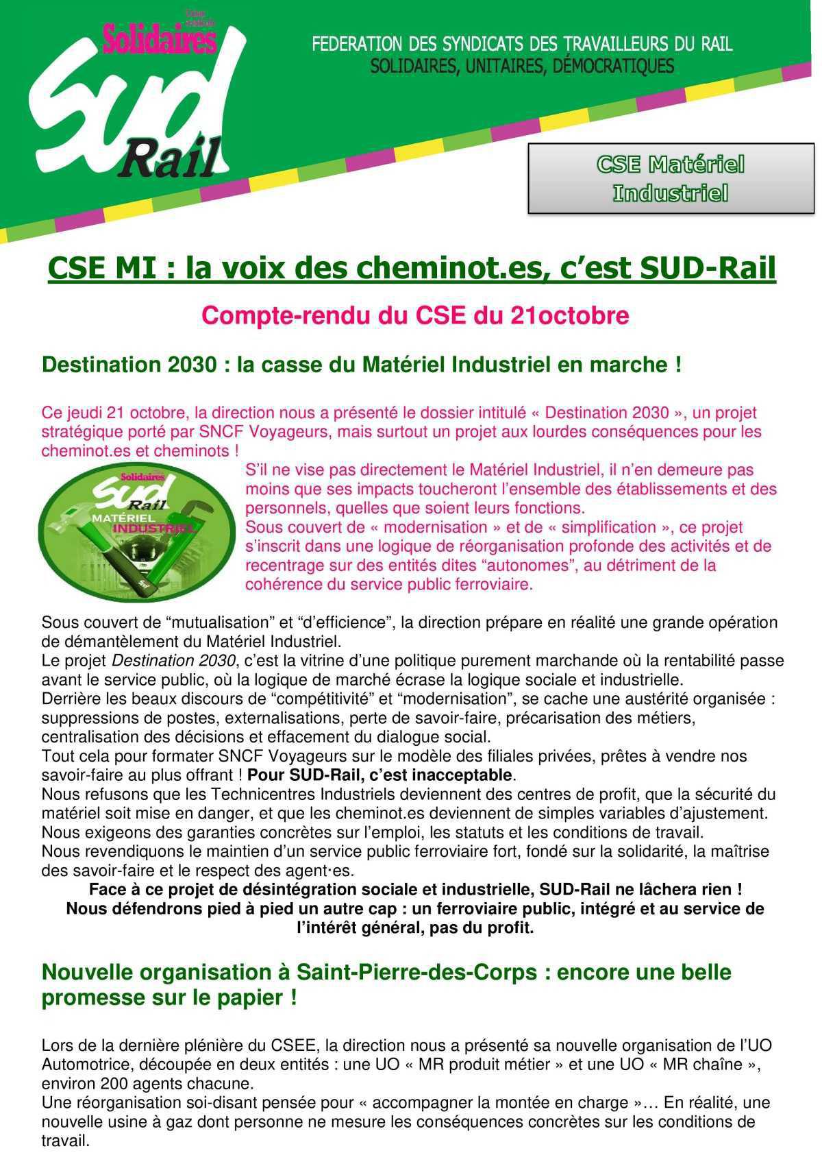 CSE MI : la voix des cheminot.es, c’est SUD-Rail Compte-rendu du CSE du 21octobre