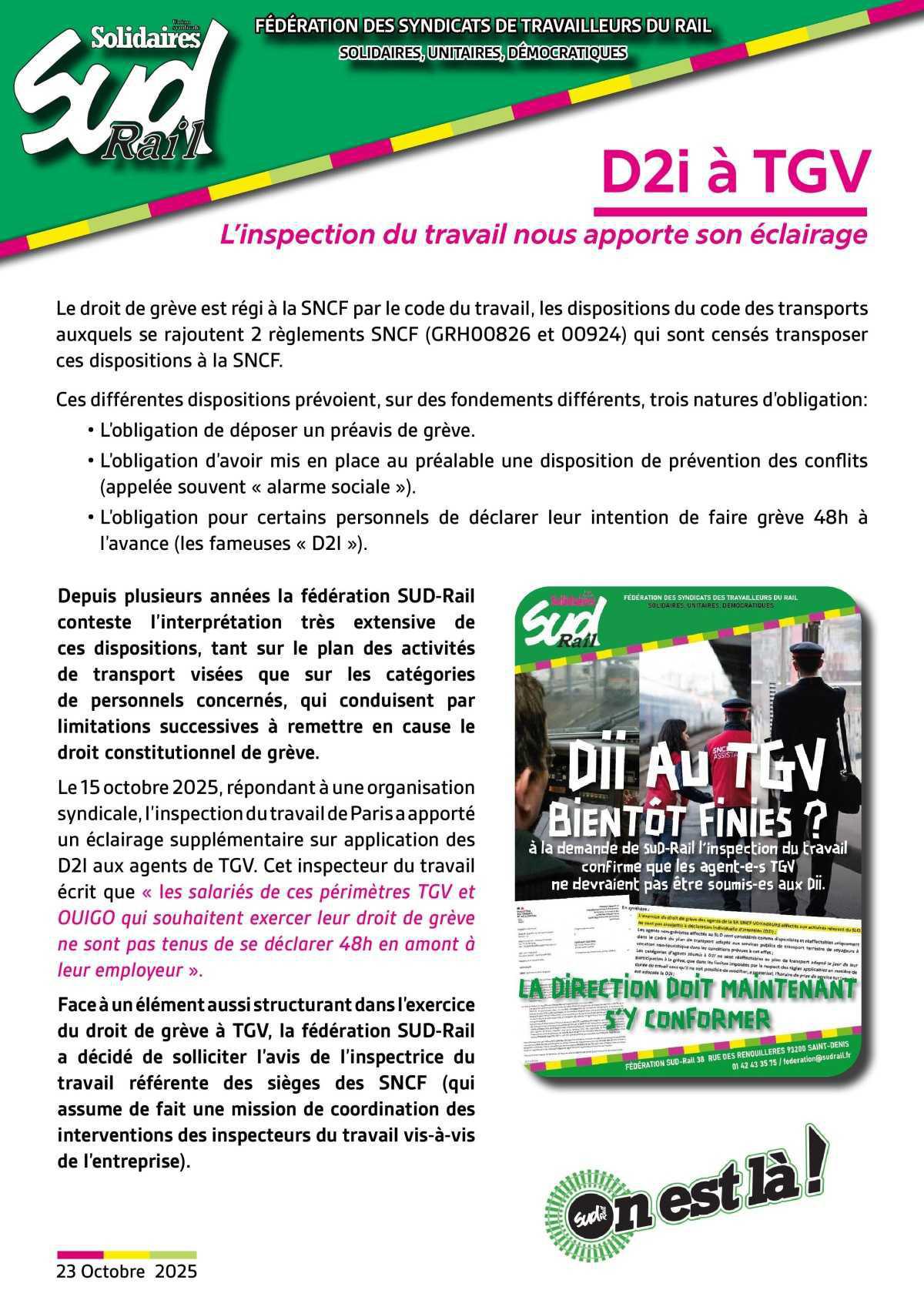 D2i à TGV L’inspection du travail nous apporte son éclairage