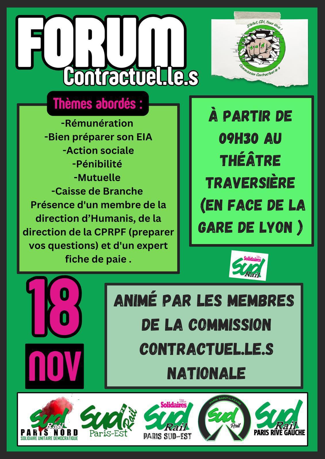 Forum Parisien contractuel.les le 18 Novembre, Inscrivez-vous aupr-s de vos militant.es SUD-Rail Forum Parisien contractuel.les le 18 Novembre, Inscrivez-vous aupr-s de vos militant.es SUD-Rail