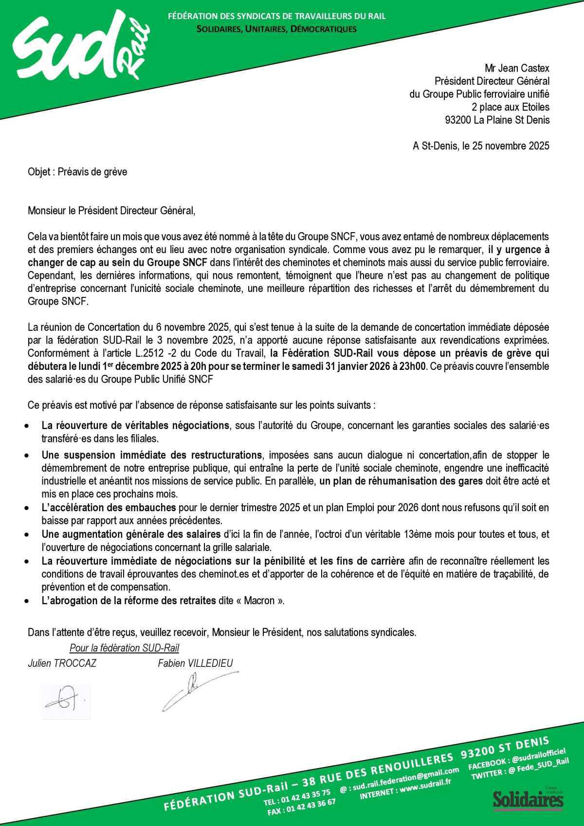 Préavis du 1er décembre 2025 à 20h au 31 janvier 2026 à 23h00 Préavis du 1er décembre 2025 à 20h au 31 janvier 2026 à 23h00
