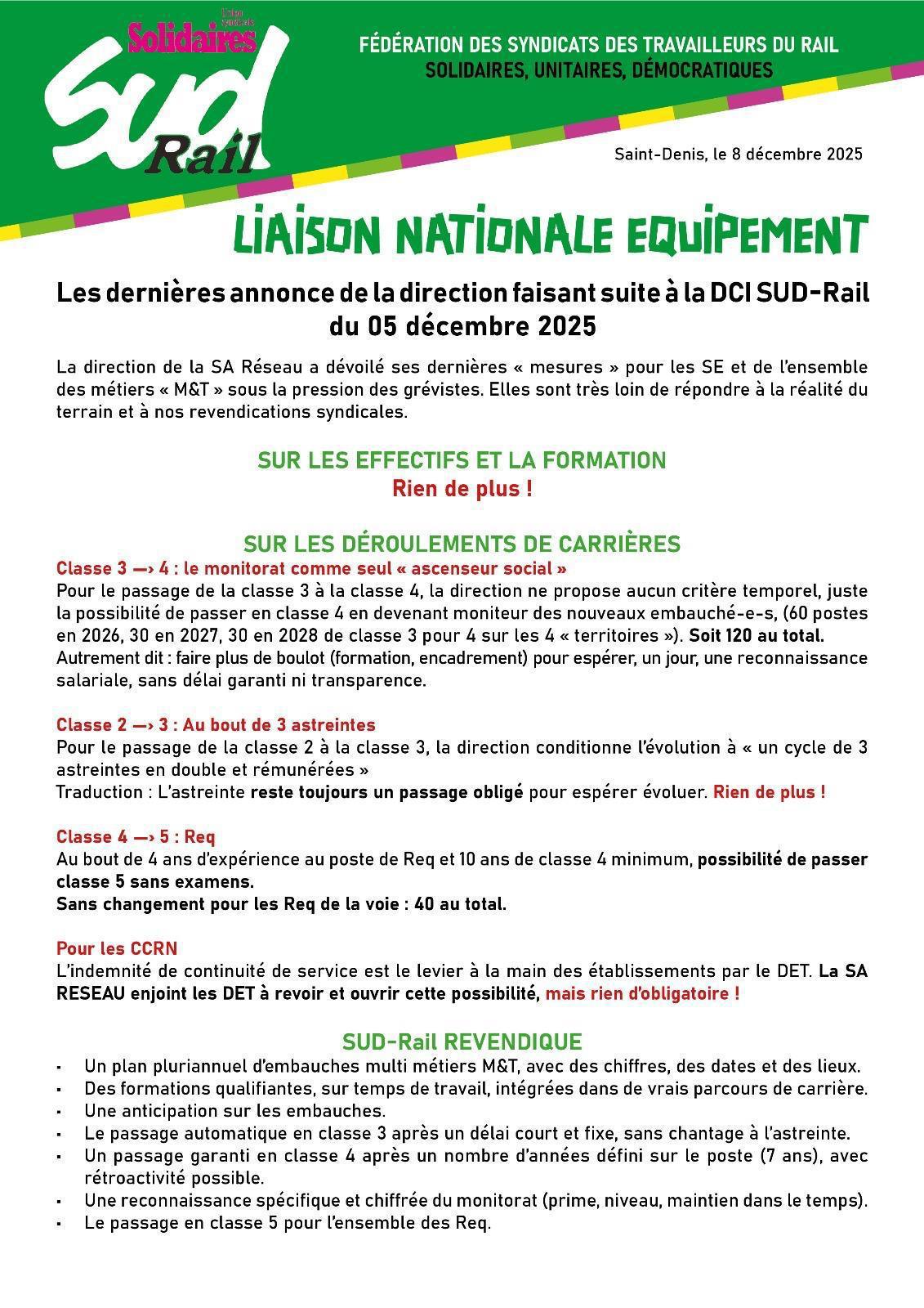 Les dernières annonce de la direction faisant suite à la DCI SUD‑Rail du 05 décembre 2025