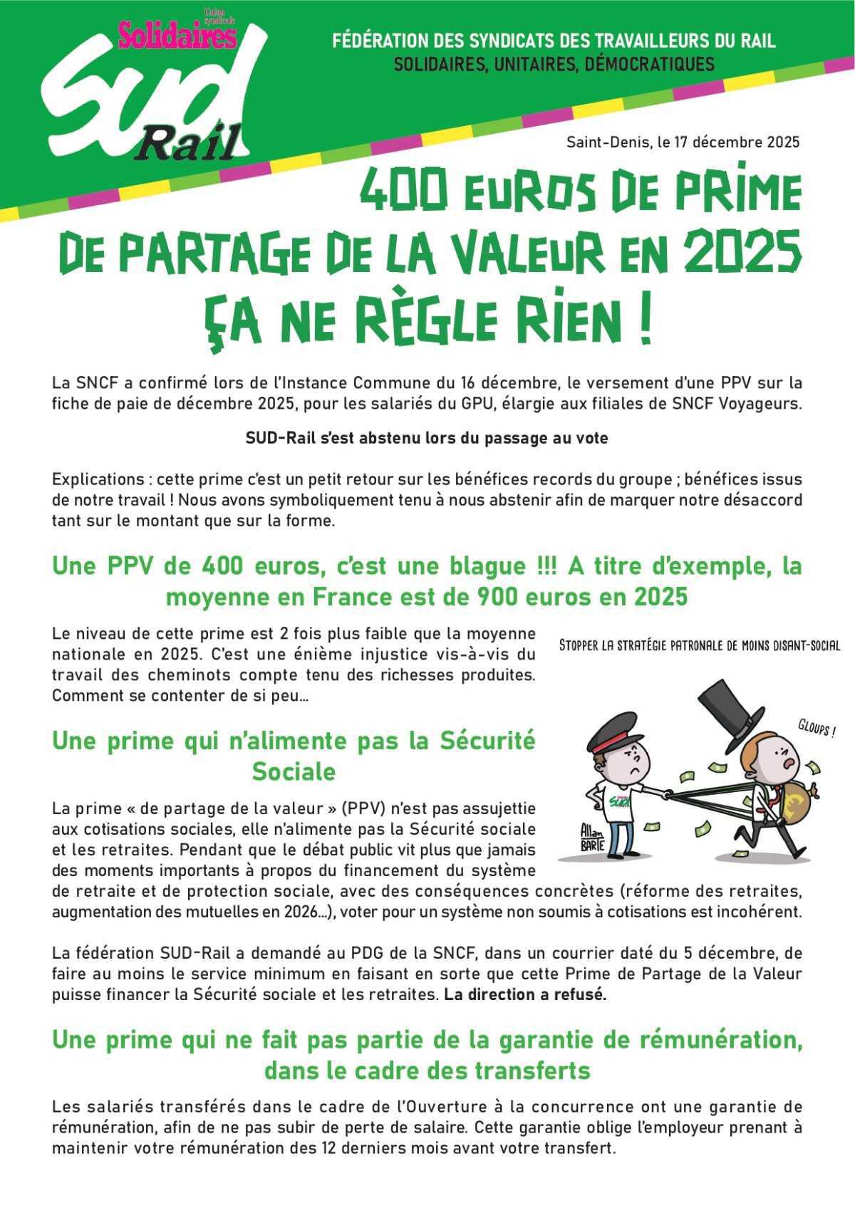 400 EUROS DE PRIME DE PARTAGE DE LA VALEUR EN 2025 ÇA NE RÈGLE RIEN !