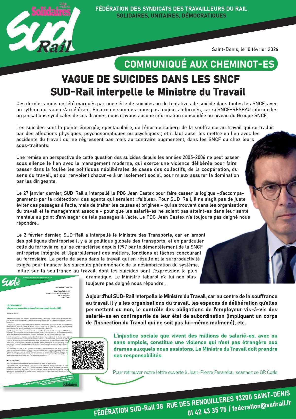 VAGUE DE SUICIDES DANS LES SNCF SUD-Rail interpelle le Ministre du Travail