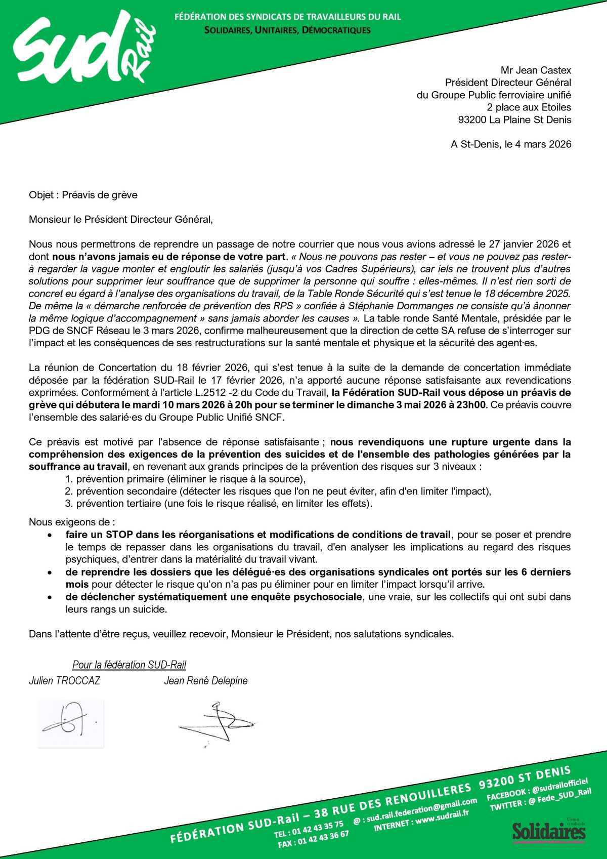 préavis de grève qui débutera le mardi 10 mars 2026 à 20h pour se terminer le dimanche 3 mai 2026 à 23h00. préavis de grève qui débutera le mardi 10 mars 2026 à 20h pour se terminer le dimanche 3 mai 2026 à 23h00.
