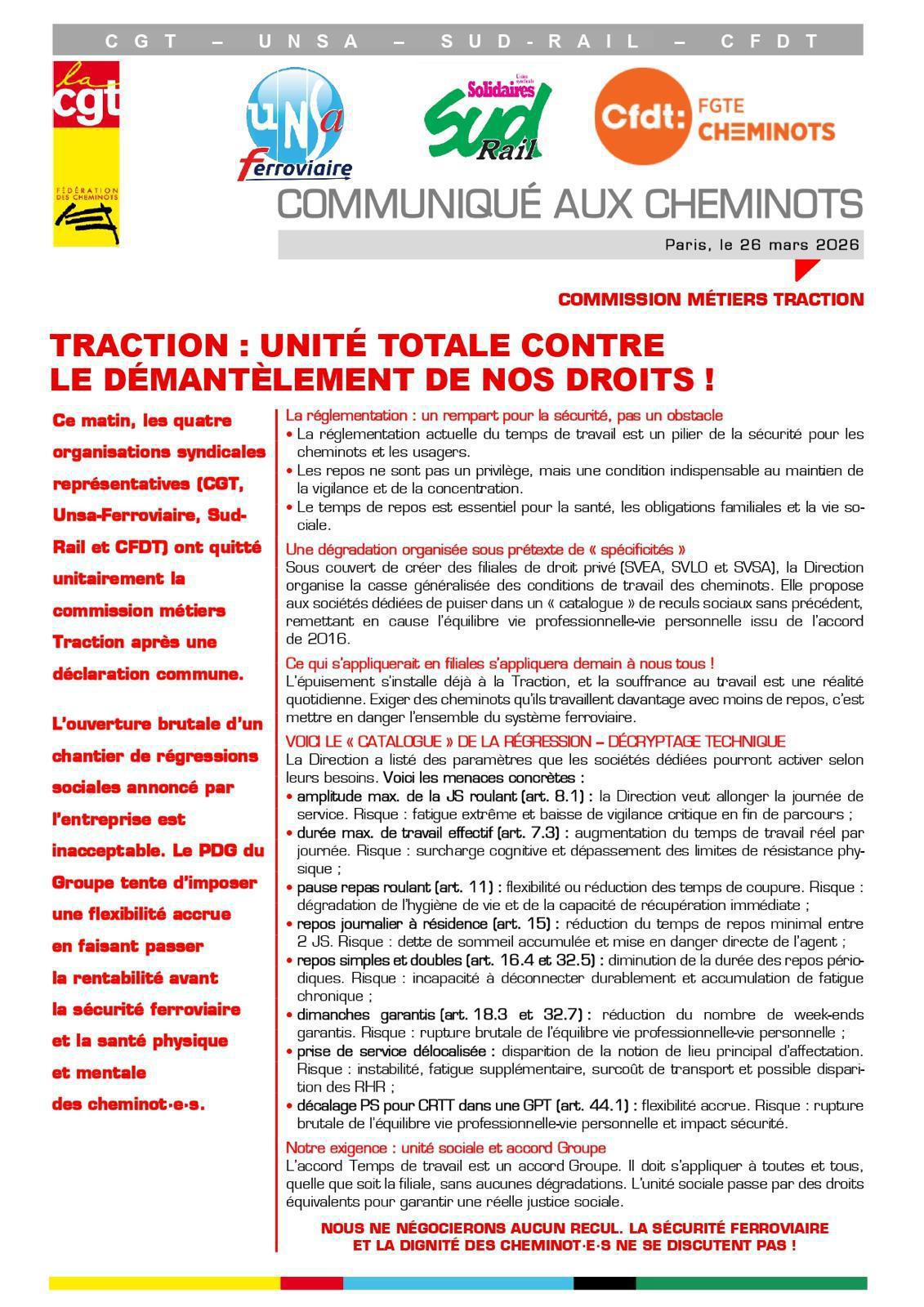 TRACTION : UNITÉ TOTALE CONTRE LE DÉMANTÈLEMENT DE NOS DROITS !