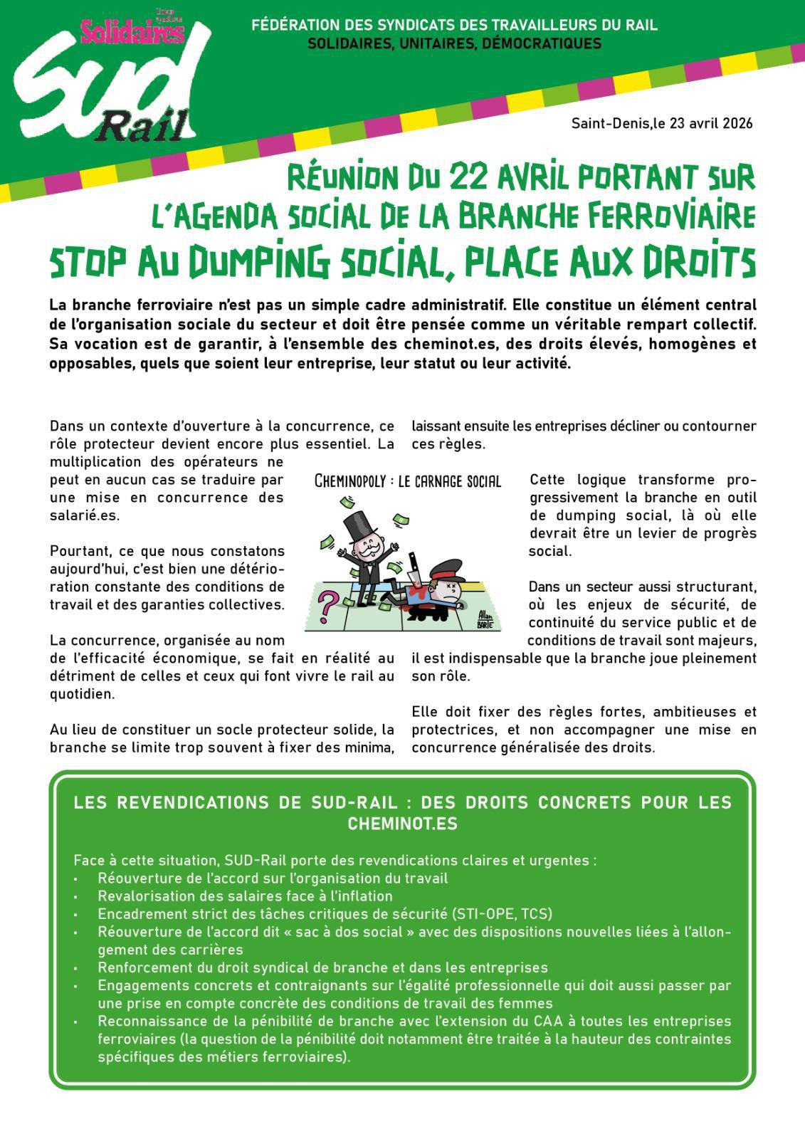 RÉUNION DU 22 AVRIL PORTANT SUR L’AGENDA SOCIAL DE LA BRANCHE FERROVIAIRE STOP AU DUMPING SOCIAL, PLACE AUX DROITS