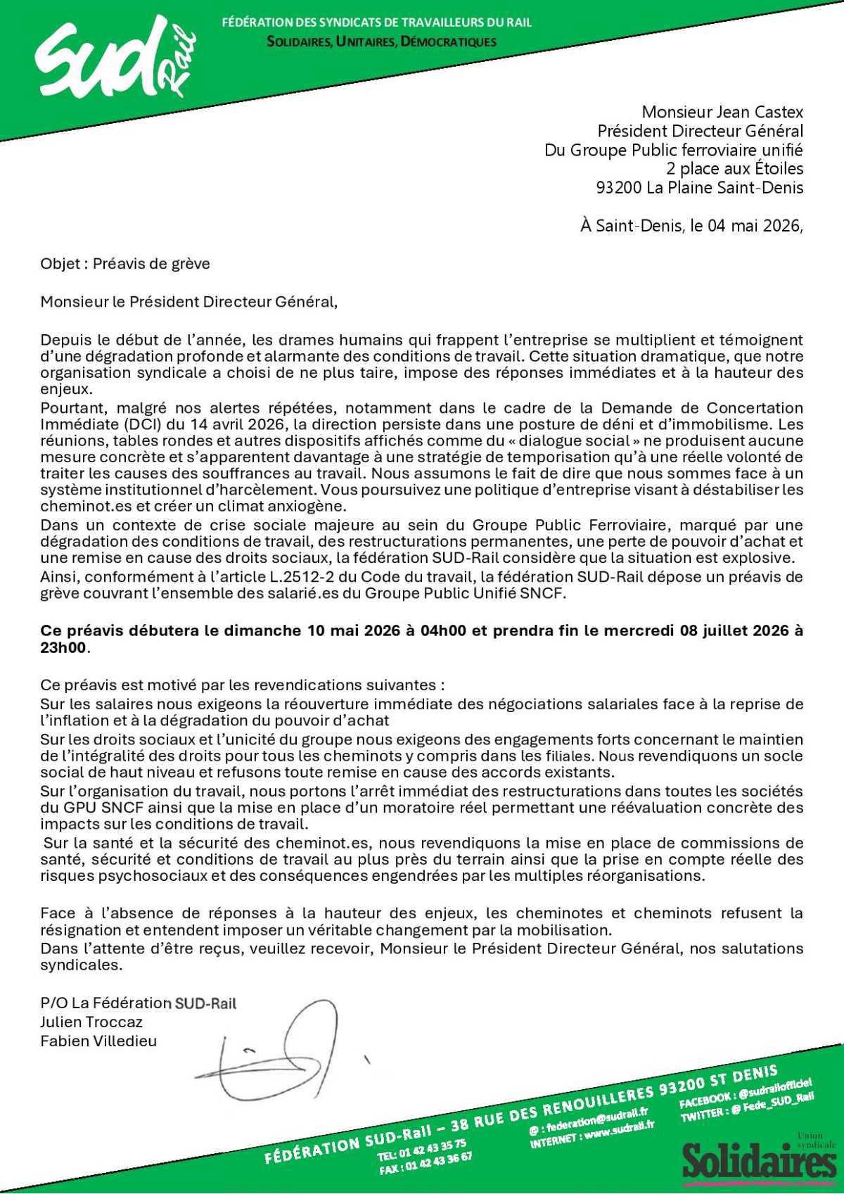 Préavis de grève du dimanche 10 mai 2026 à 04h00 au mercredi 08 juillet 2026 à 23h00.