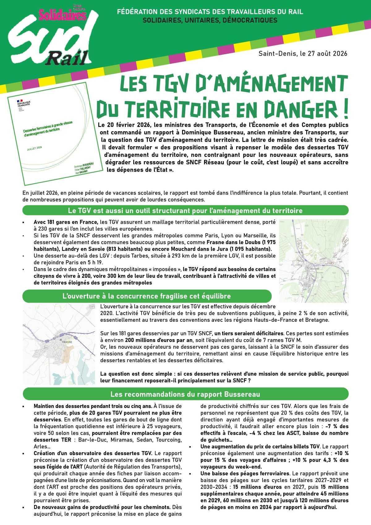 LES TGV D’AMÉNAGEMENT DU TERRITOIRE EN DANGER ! LES TGV D’AMÉNAGEMENT DU TERRITOIRE EN DANGER !
